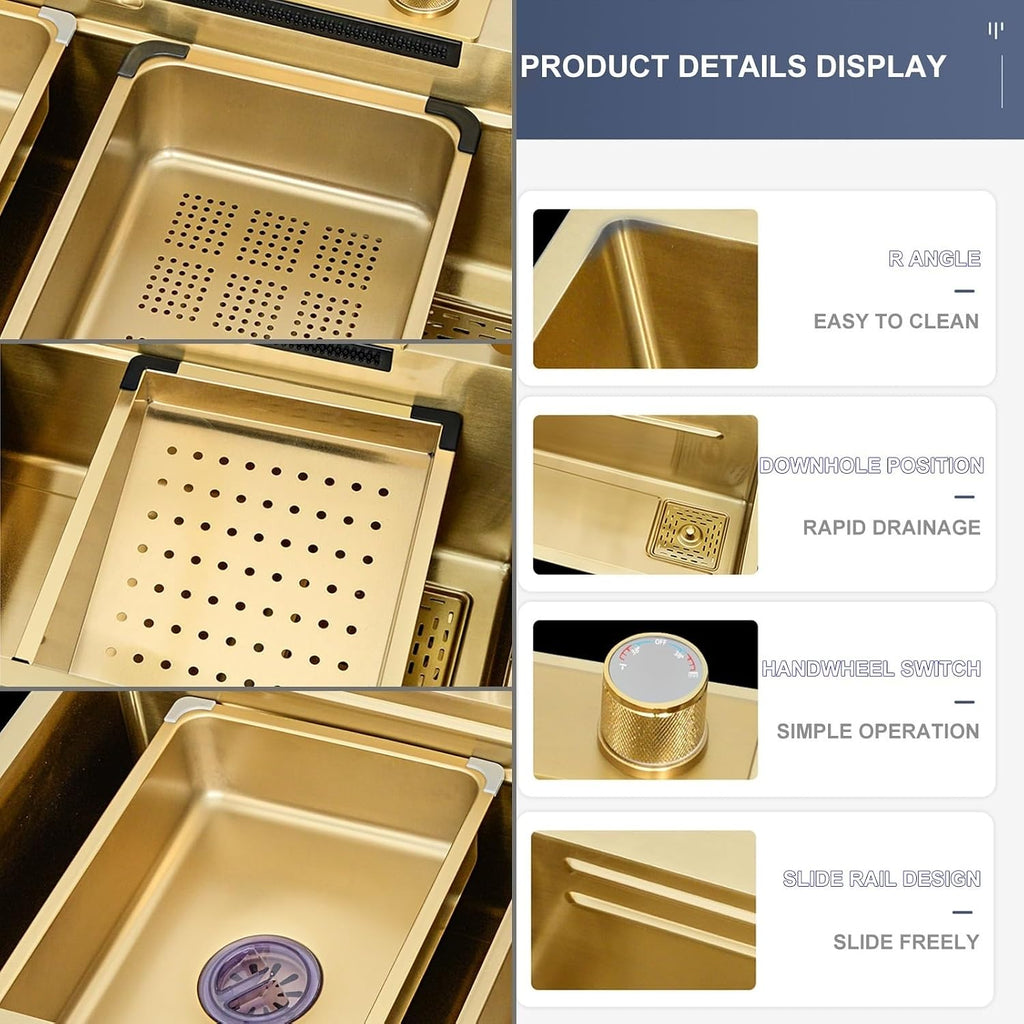 Waterfall Kitchen Sink Workstation Nanometer Waterfall Topmount Sink Stainless Steel Bar Sink Multifunction Single Bowl Kitchen Sink with Faucet Combo & Dra(Gold-75x45x22cm