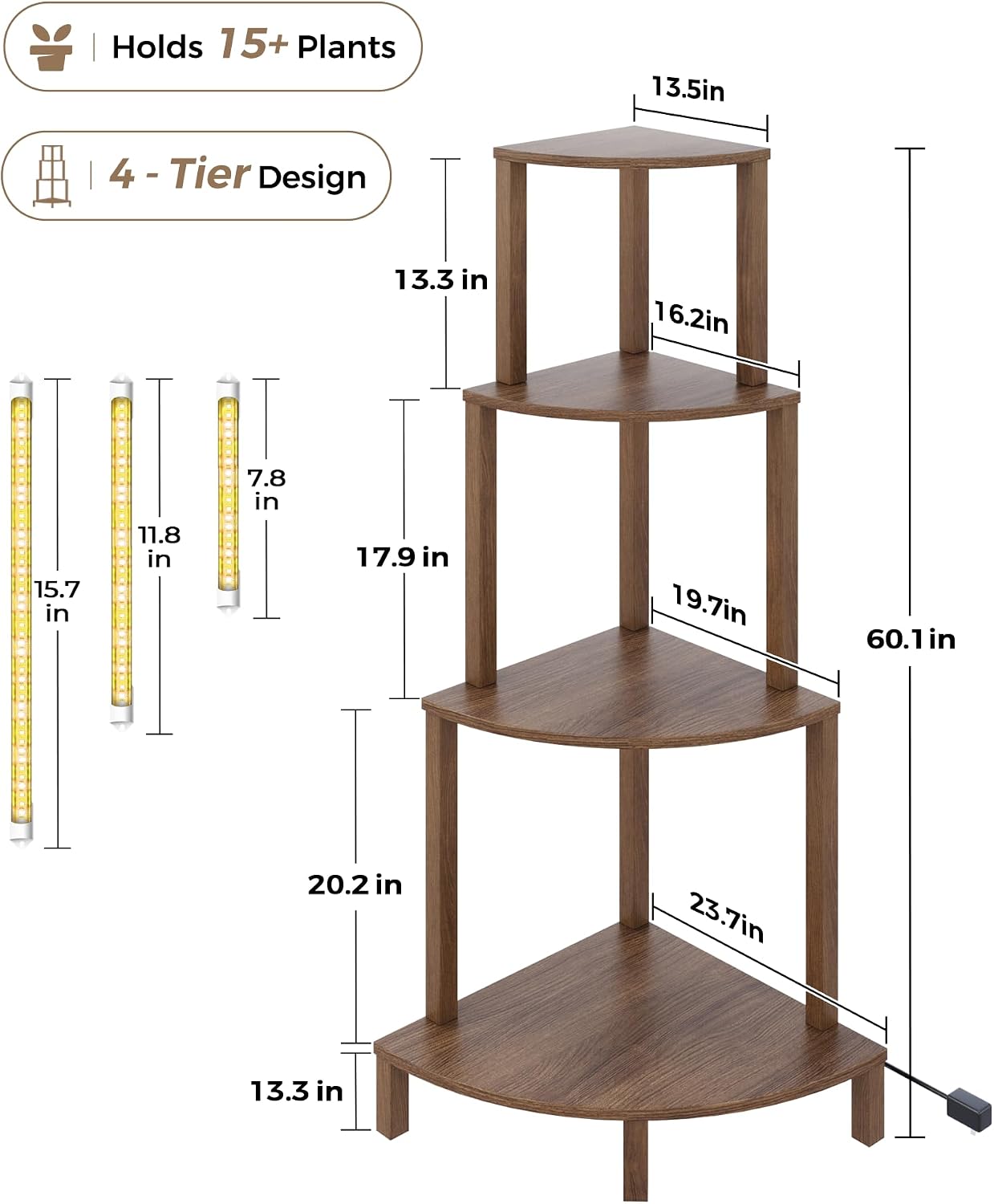 Bamworld Corner Plant Stand with Grow Lights 4-Tier Plant Stand Indoor Wood Plant Stand with Grow Light Tall Shelves Garden Decor for Living Room Balcony