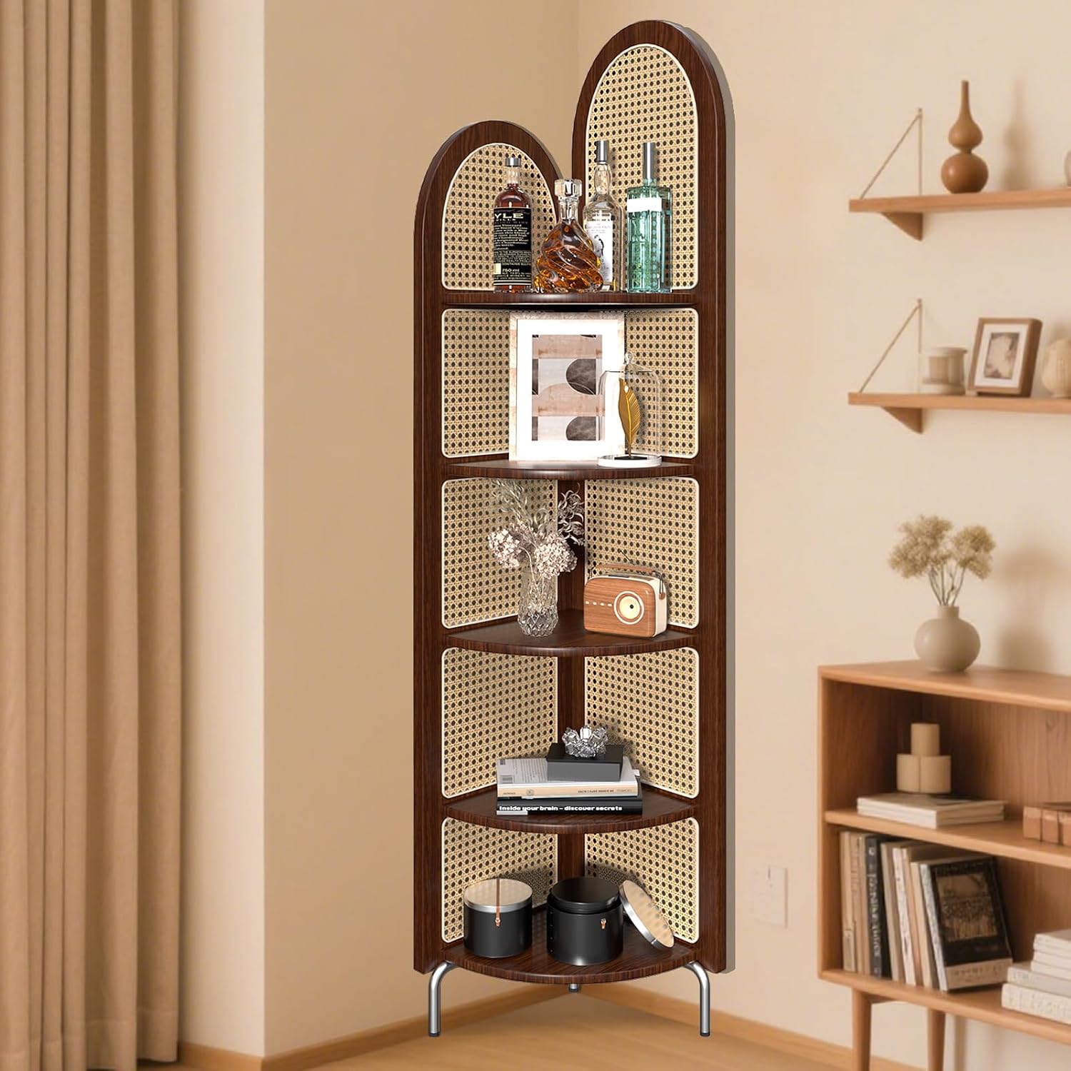 AMSXNOO 5-Tier Rattan Corner Bookshelf, 71-Inch Narrow Corner Bookshelf with Metal Feet, Free-Standing Tall Corner Shelf for Livingroom Bedroom Balcony Office (Walnut Color)