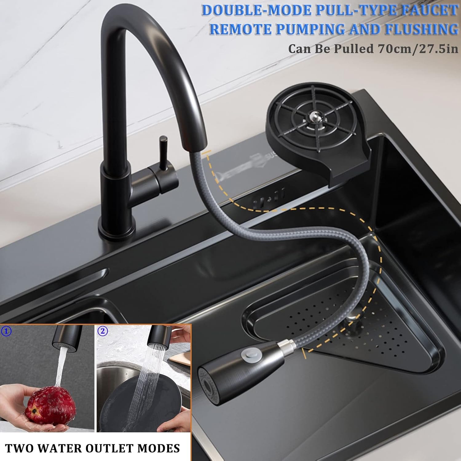 Generic Black Single-Bowl Kitchen Sink 304 Stainless Steel Bar Sink Multi-Function Household Sink Rv Sink with Faucet, Chopping Board and Drain Basket Top Mount Or Under Mount (Color : Black, S