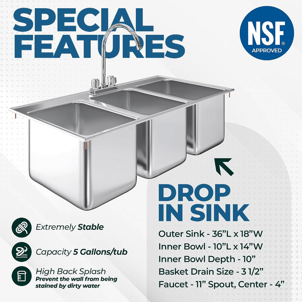 Commercial 3 Compartment Stainless Steel Drop-In Sink – 36' x 18' with Faucet | NSF 3-Bay Utility Sink for Restaurant, Bar & Kitchen Use