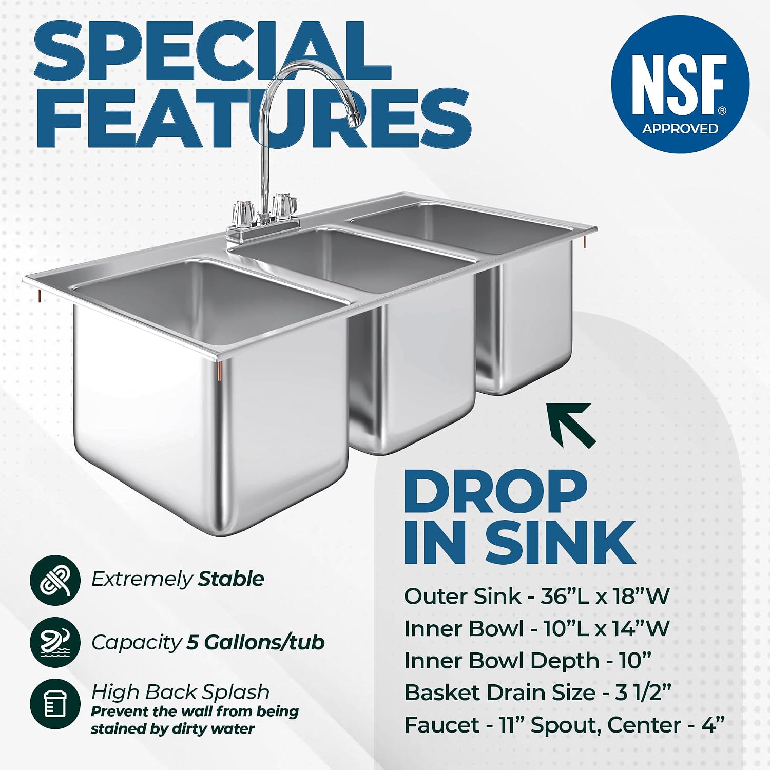 Commercial 3 Compartment Stainless Steel Drop-In Sink – 36' x 18' with Faucet | NSF 3-Bay Utility Sink for Restaurant, Bar & Kitchen Use
