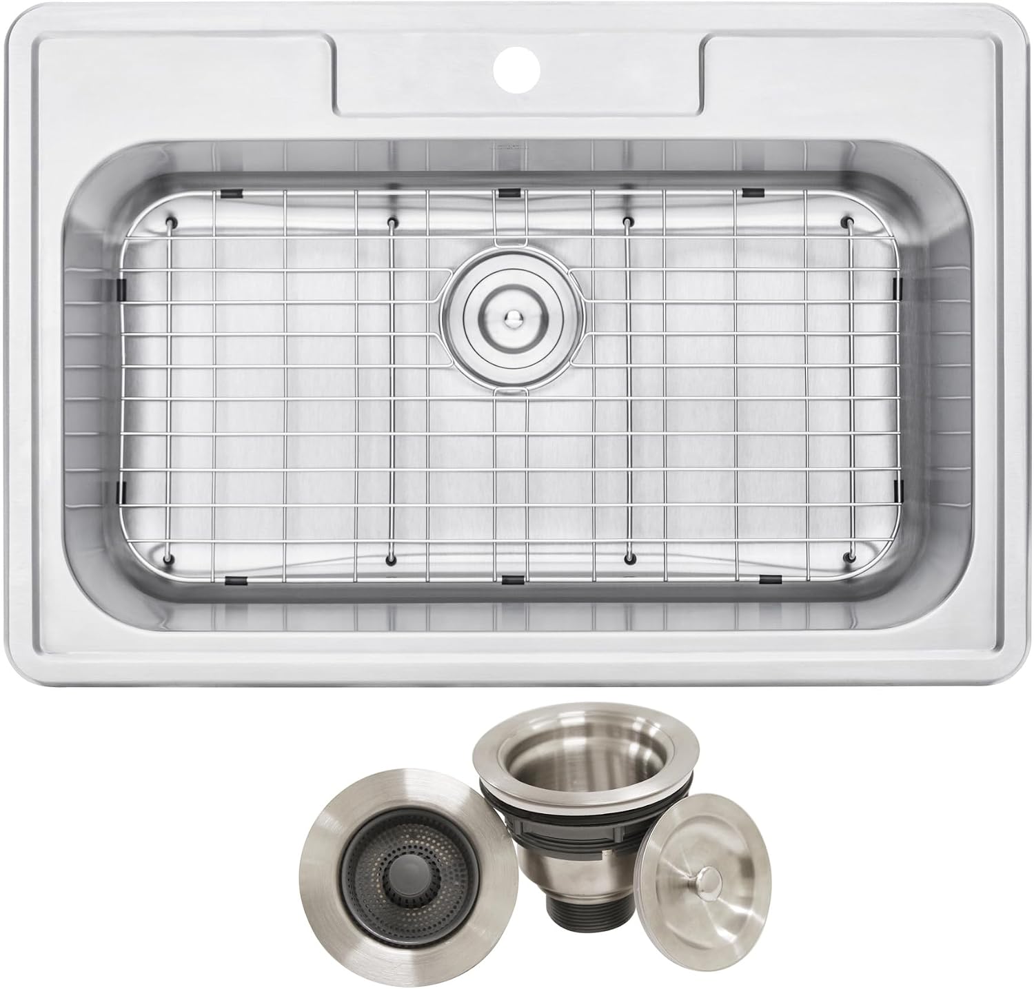 CozyBlock 33 x 22 x 9 Inch Top-mount/Drop-in Stainless Steel Single Bowl Kitchen Sink with Strainer and Protective Bottom Grid - 18 Gauge Stainless Steel-1 Faucet Hole