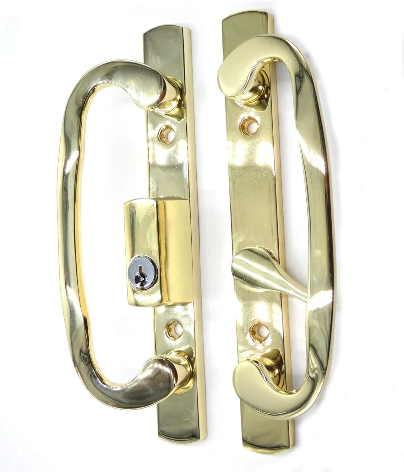 8.5' Legacy Sliding Patio Glass Door Offset Latch Diecast Plated Gold Handle Set Replacement with Keys - Sash Controls 2265 Keyed Lock - Fits 3-15/16' Hole Spacing + 1-1/4' to 2-1/4' Door Thickness