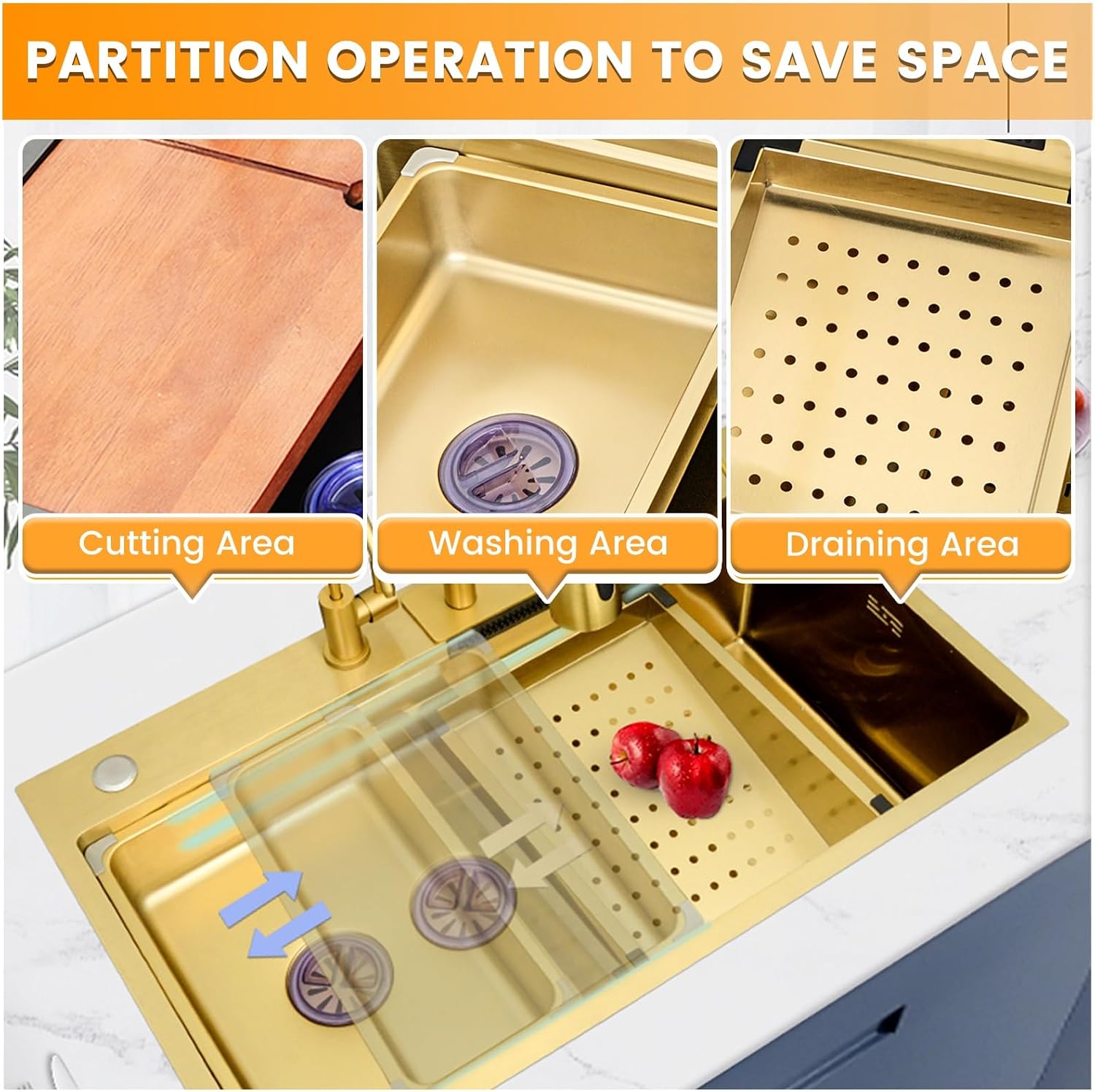 Gold Stainless Steel Single Bowl Kitchen Sink With Drainer, Drop In/Undermount Large Workstation Sink, Includes Pull Out Faucet, Cup Washer, Basin, Drain Basket, Full Waste Kit(Gold,80x45x22cm)