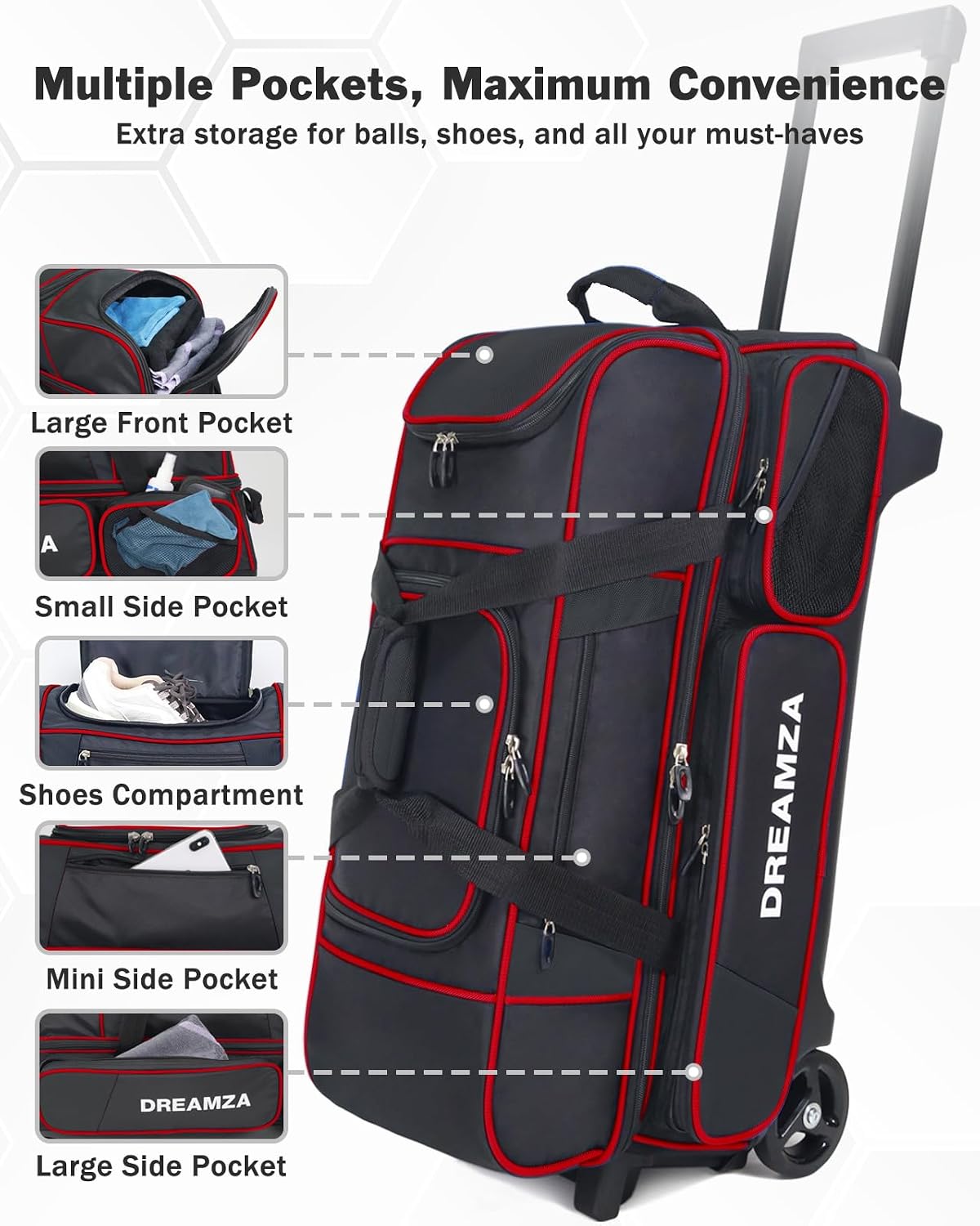 3 Ball Bowling Bags with Wheels & Shoe Pocket, Premium Bowling Ball Bag 3 Ball Roller, Effortless-Rolling 3 Ball Bowling Bag w/Multi-Storage Pockets & Telescopic Handle Extends to 40''