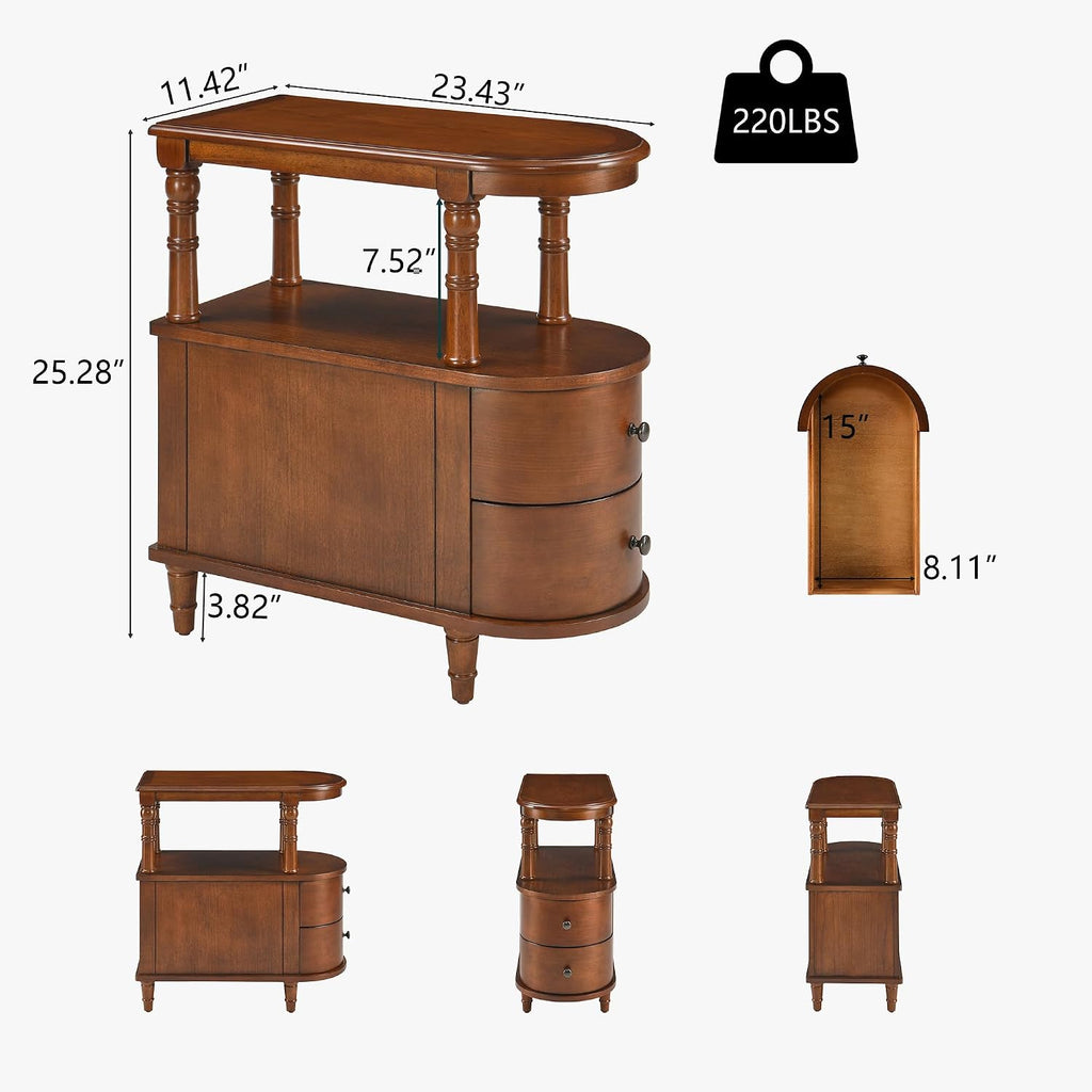 Narrow End Table With 2 Drawers and Storage Shelf Set of 2, Slim Side Tables, Farmhouse Sofa Beside Table- for Small Spaces, Living Room Telephone Tables, Tools-free Assembly, Caramel Brown BG-A508-MG