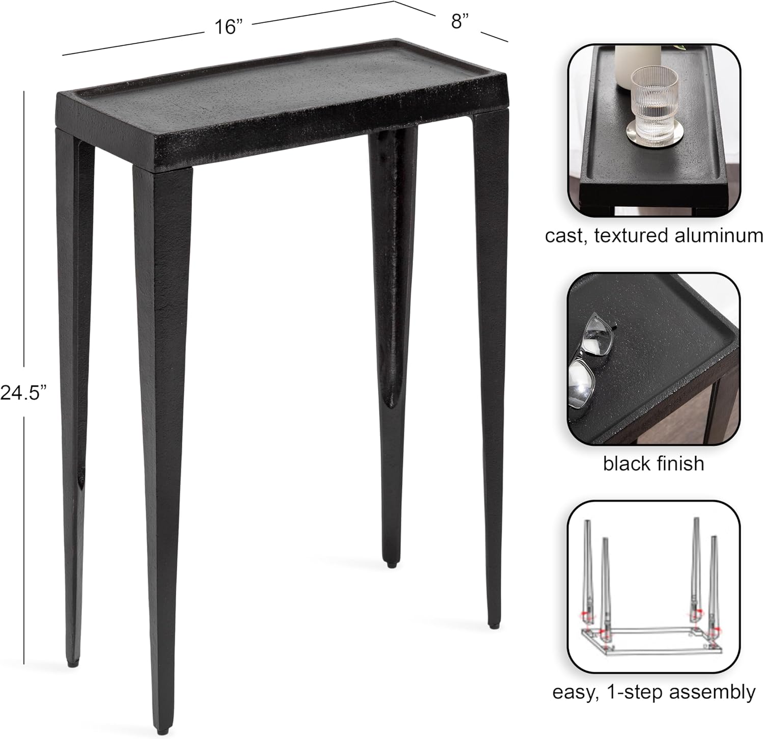 Kate and Laurel Rava Modern Cast Aluminum Metal Narrow Side Table, 16 x 8 x 25, Black, Slim Bedroom Nightstand for Use as Bedside Table or Skinny Living Room End Table