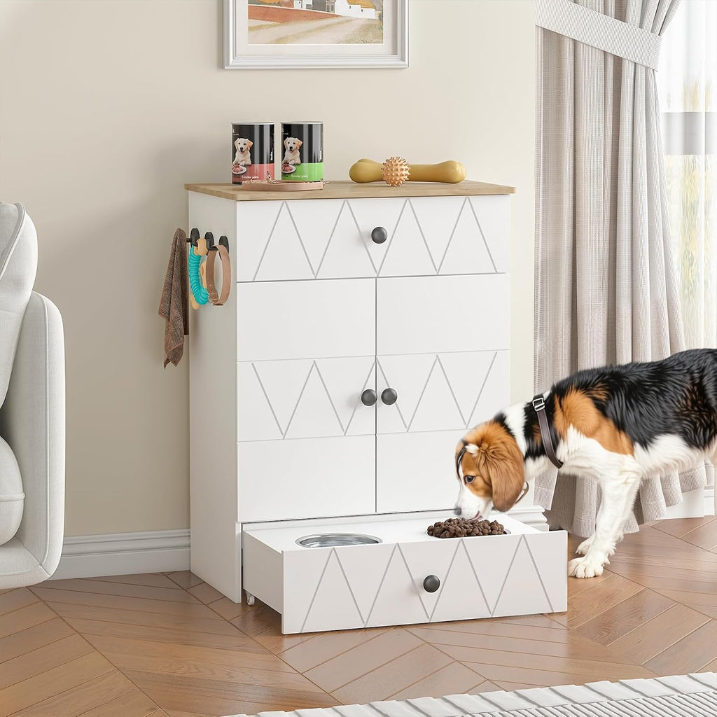 Pet Feeding Station with Storage, Raised Dog Bowls, Pet Feeder Cabinet, with Adjustable Shelves, Rolling Drawer, Hooks, for Feeding & Watering Supplies (Light)