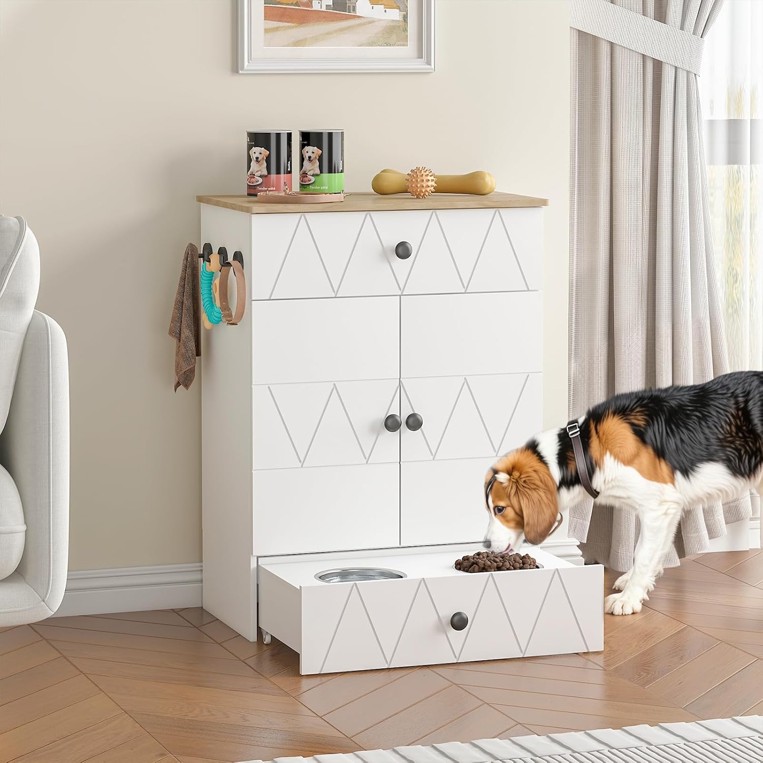 Pet Feeding Station with Storage, Raised Dog Bowls, Pet Feeder Cabinet, with Adjustable Shelves, Rolling Drawer, Hooks, for Feeding & Watering Supplies (Light)