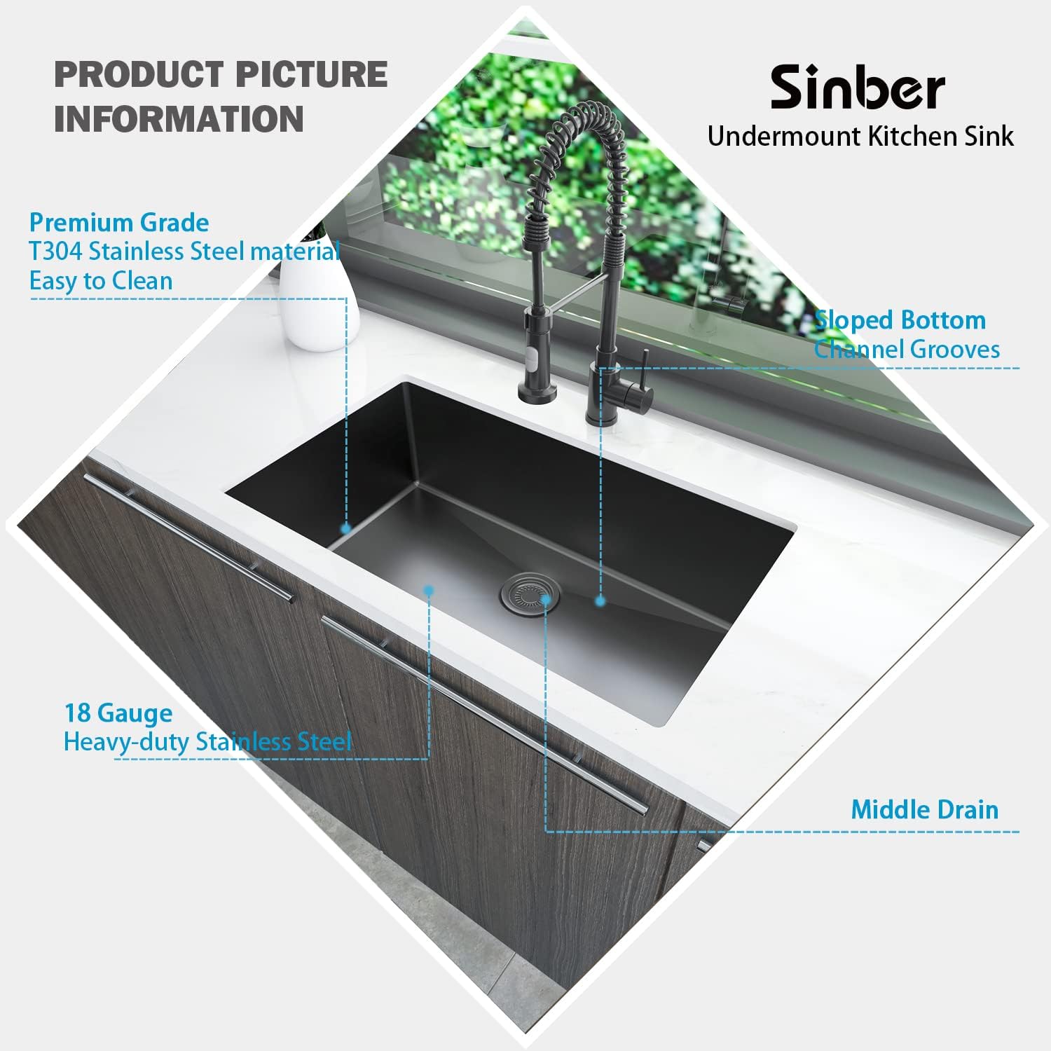 Sinber HU3219S-B 32' x 19' x 10' Undermount Single Bowl Kitchen Sink with 18 Gauge 304 Stainless Steel Black Finish (Sink Only)