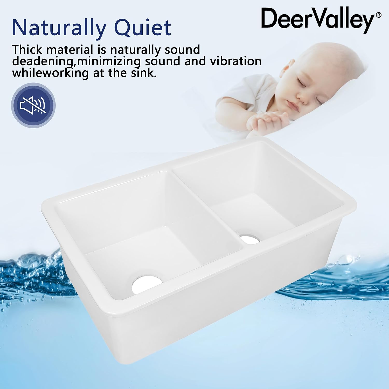 DeerValley Double Bowl Farmhouse Sink 32 Inch, Fireclay Undermount Kitchen Sinks, White Deep Drop-in Modern Sink with Grid & Basket Strainer