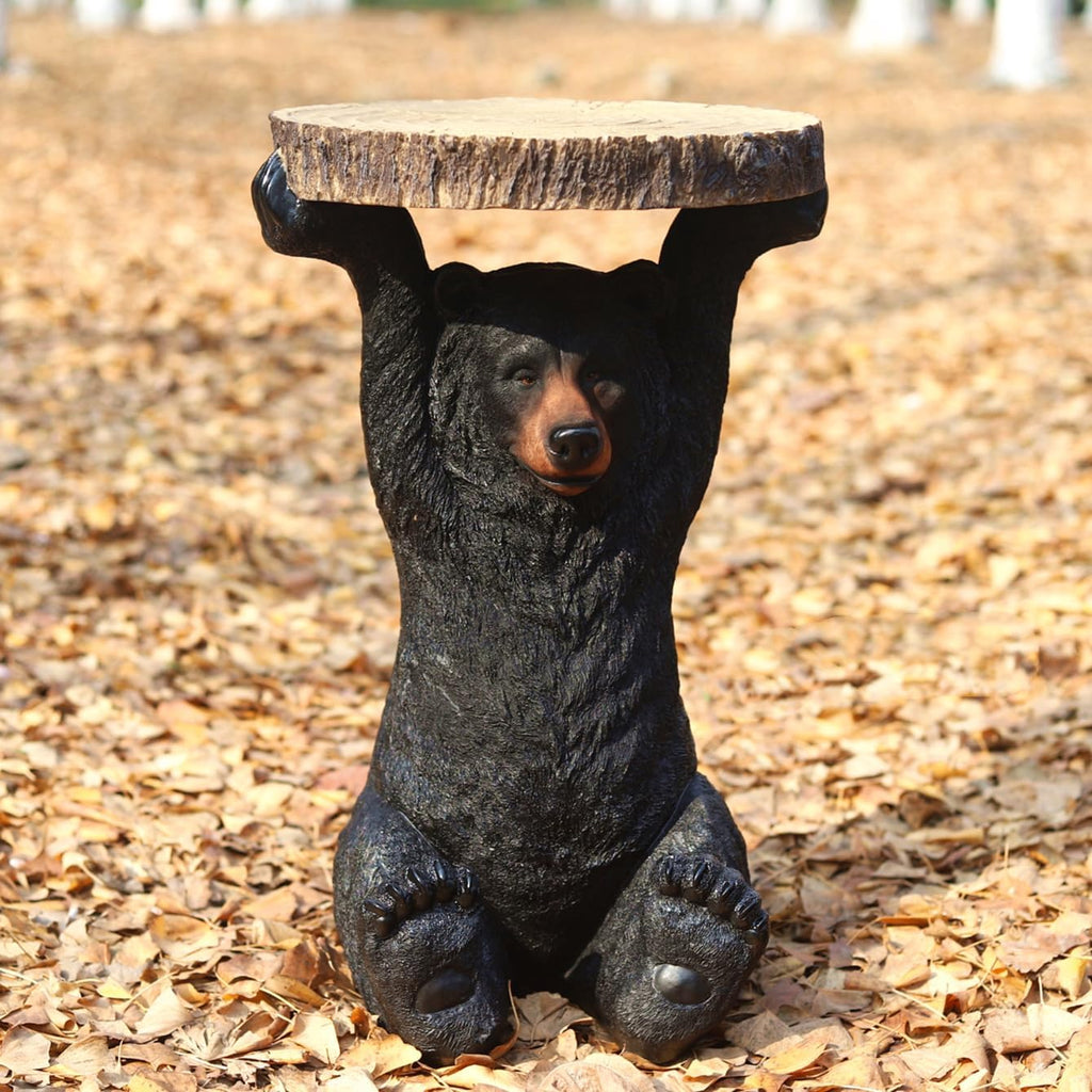 GENUINQ American Black Bear Side Table Pedestal End Table Stool Resin Bear Statue Hand Painted Sculpture Home Office Living Room Decor