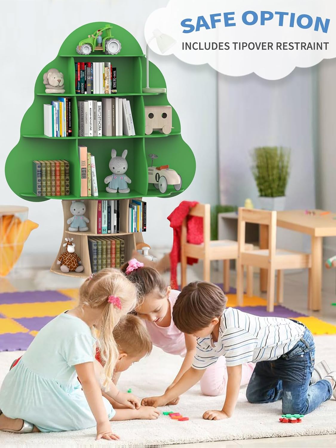 Bear Qiaqia Tree Kids Bookshelf, Toddler Wood Bookcase, 16-Cubby Children Toy Storage Organizer Book Shelf for Kids Rooms, Nursery, Bedroom, Living Room, Classroom, Boy Girl's Gift (Green Tree)
