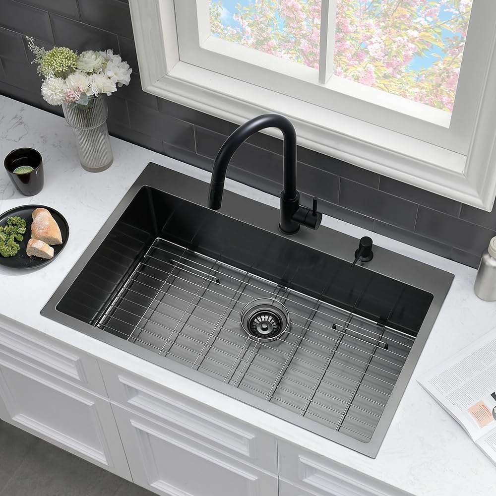 30 Inch Black Kitchen Sink Drop In-VASOYO 30x18 Black Stainless Steel Drop In Kitchen Sink Deep Single Basin Kitchen Sink Top Mount Kitchen Sinks with Faucet Combo