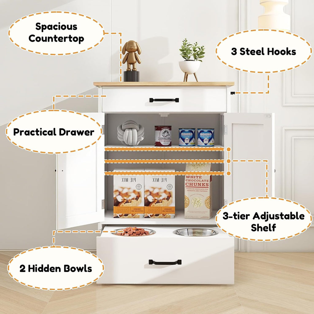 Dog Feeding Station with 2 Elevated Dog Bowls, Food Storage with Adjustable Shelf and Sliding Drawer, Hidden Pet Feeder Station for Cats and Dogs, White