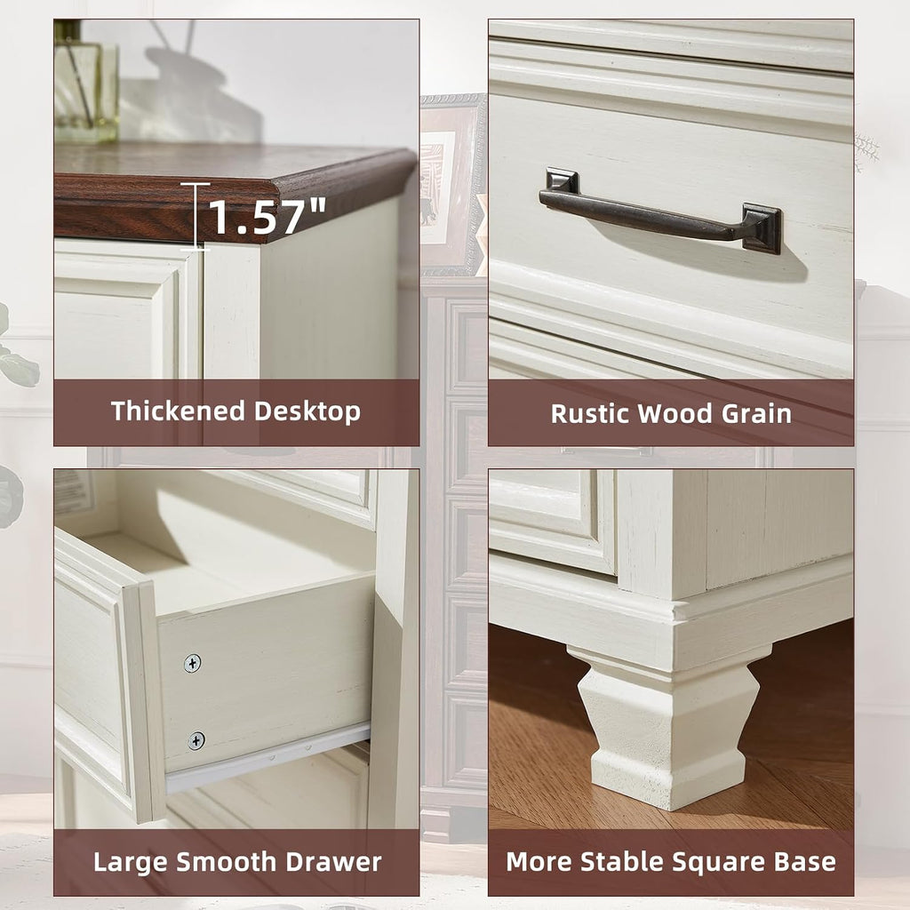 SAVOR LIFE Farmhouse Side Table with Charging Station, Antique Nightstands with Drawers, Bedside Table with Open Shelf for Bedroom, White