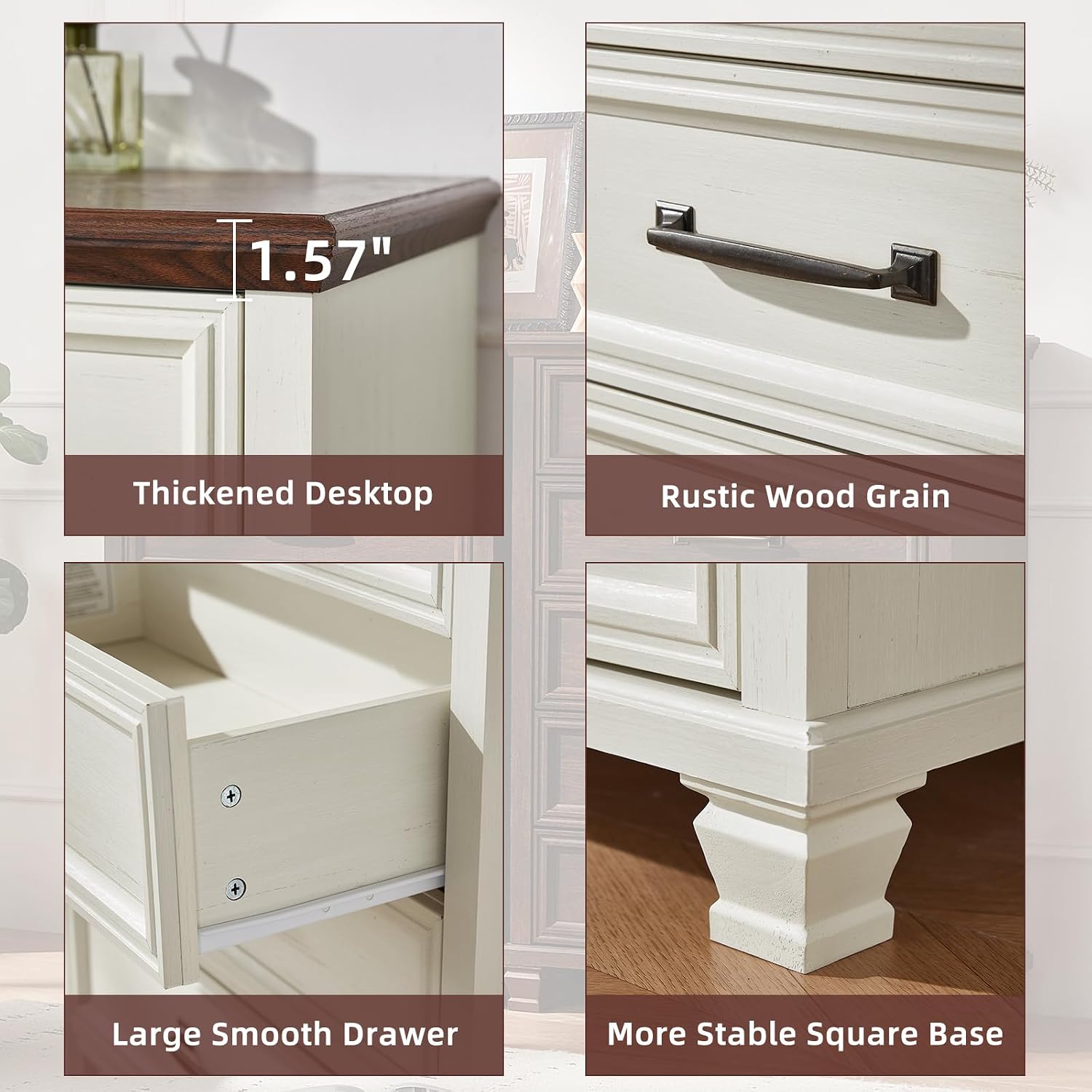 SAVOR LIFE Farmhouse Side Table with Charging Station, Antique Nightstands with Drawers, Bedside Table with Open Shelf for Bedroom, White