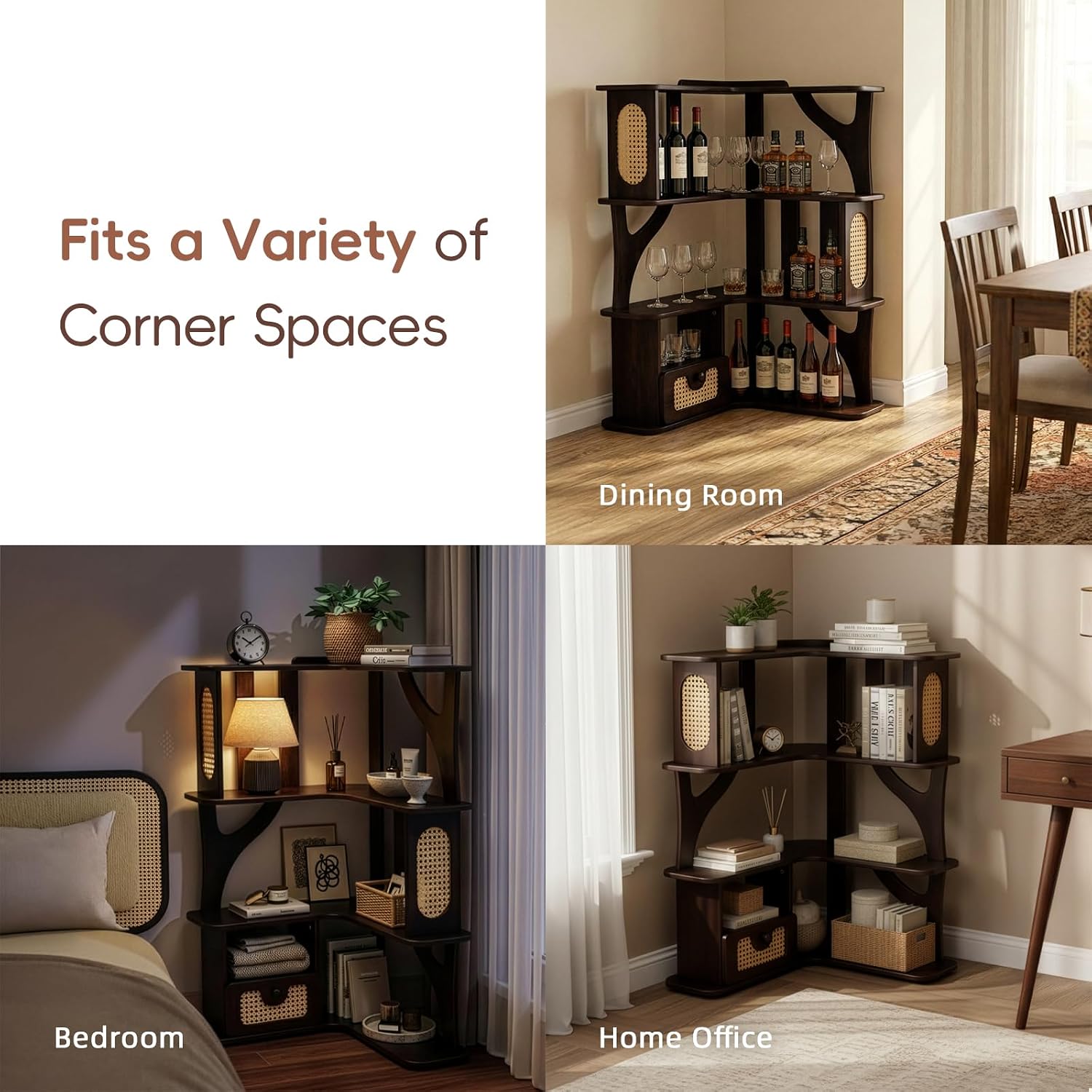 Rubber Wood Corner Shelf, 4 Tier Modern Corner Bookshelf, Freestanding Display Shelf Stand for Home Office, Living Room, Bedroom