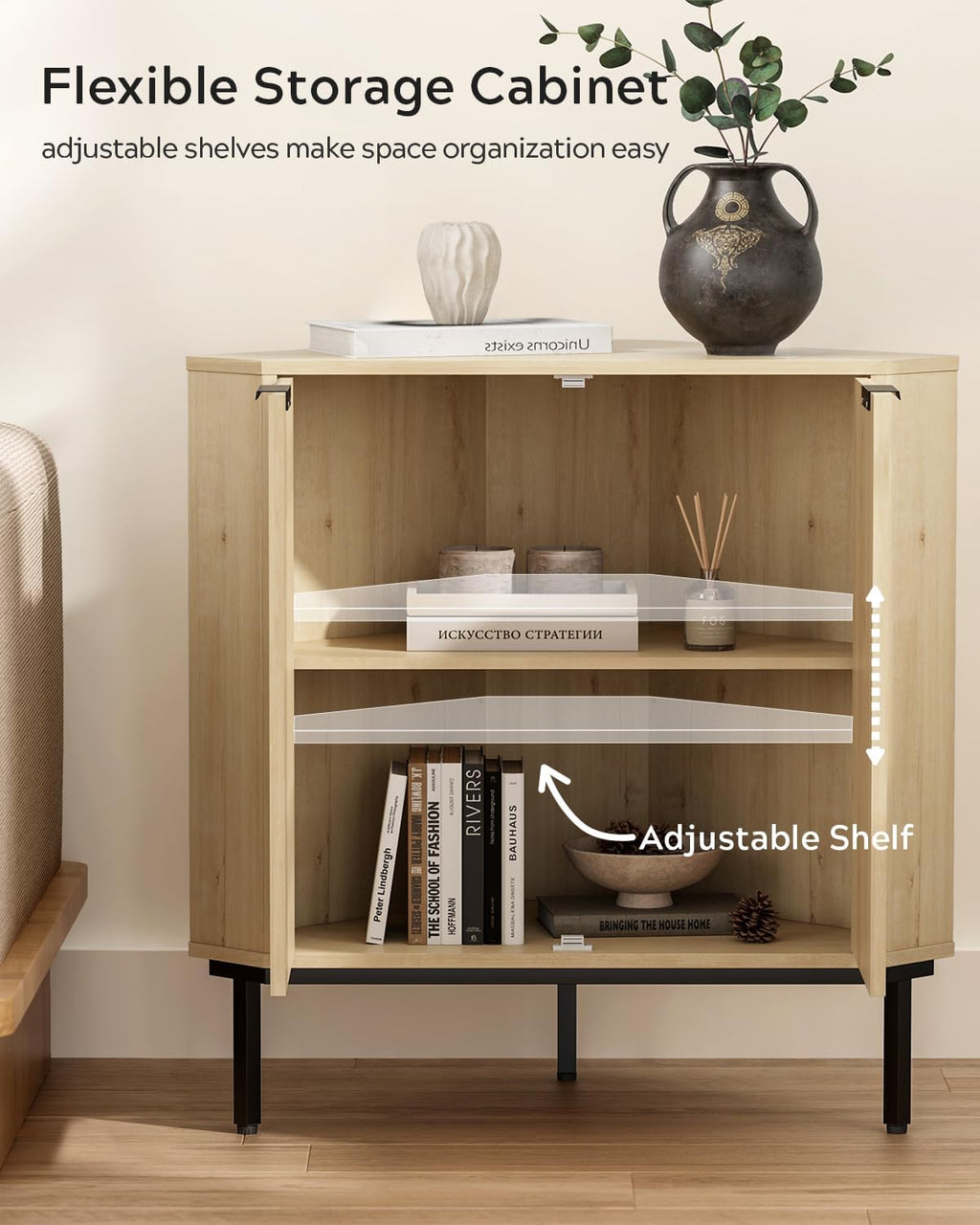 EYYTHUNG Fluted Corner Cabinet, Modern Small Corner Floor Cabinet with 2 Doors and 2-Tier Shelves, Freestanding Narrow Organizer for Living Room Kitchen Bathroom, Light Oak
