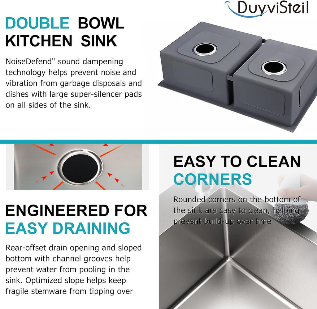 31' x 18' Silver Double Bowl Kitchen Sink, Drop-in/Topmount Overmount Kitchen Sinks with 304 Nano-Coated and Drainage Pipes & Fruit Basket