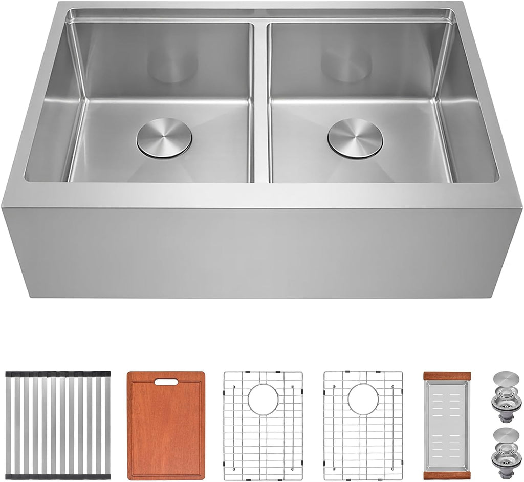 Kitsitchen Double Bowl Farmhouse Kitchen Sink, 16 Gauge 304S Stainless Steel Farm Sinks, 36'X 22' x 10' Large and Deep Workstation Kitchen Sinks with Accessories,50/50 Double Bowl Feature