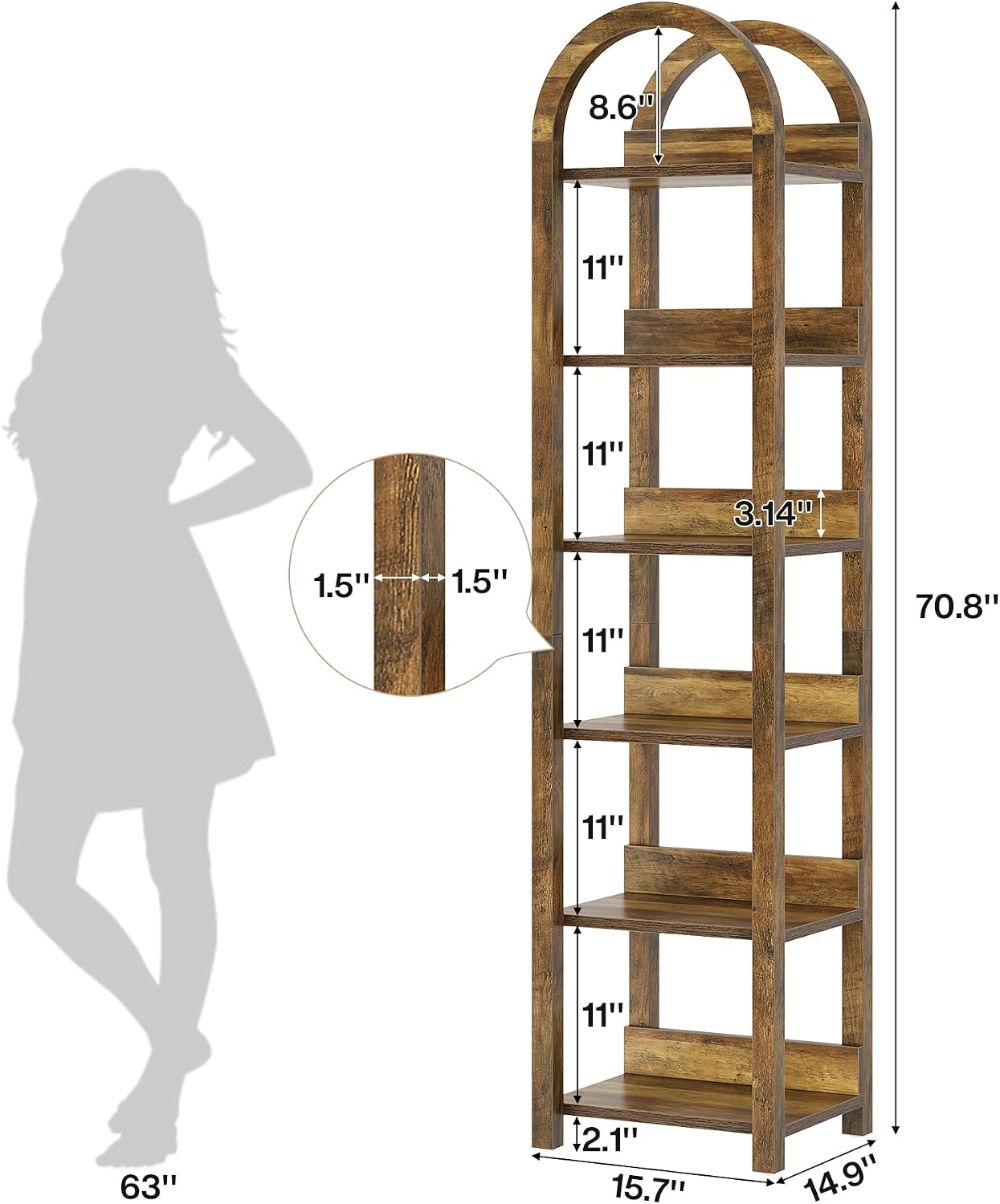 Tribesigns 6-Tier Narrow Bookshelf, 71' Tall Arched Bookcase with Shelves for Small Space, Skinny Wooden Display Shelf Open Storage Rack for Living Room, Home Office, Bathroom, Kitchen, Brown