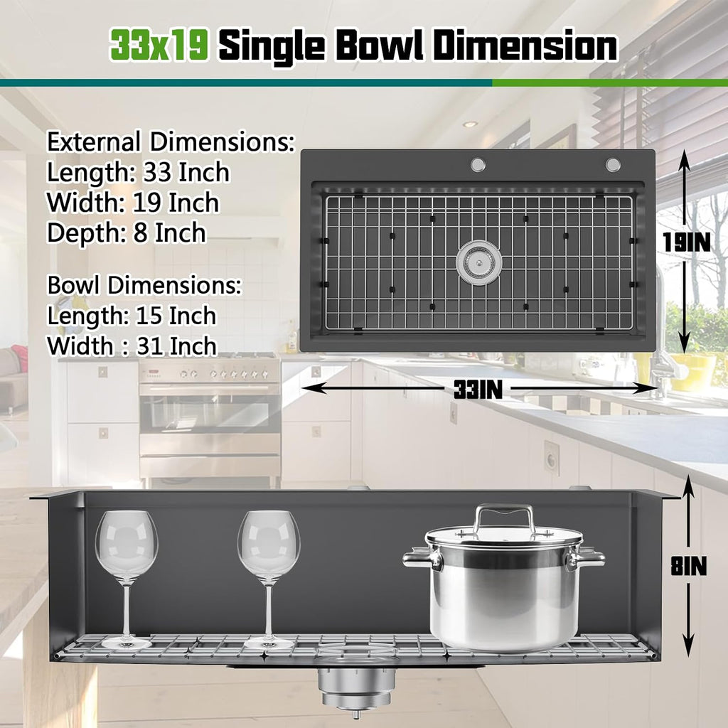 Black Kitchen Sink Workstation, 33x19 In Stainless Steel Drop In Kitchen Sink Modern Large Single Bowl Sink Gift Combo-SS Grid,Drying Rack,SS Colander,Cutting Board,Drain Assembly For Various Kitchen