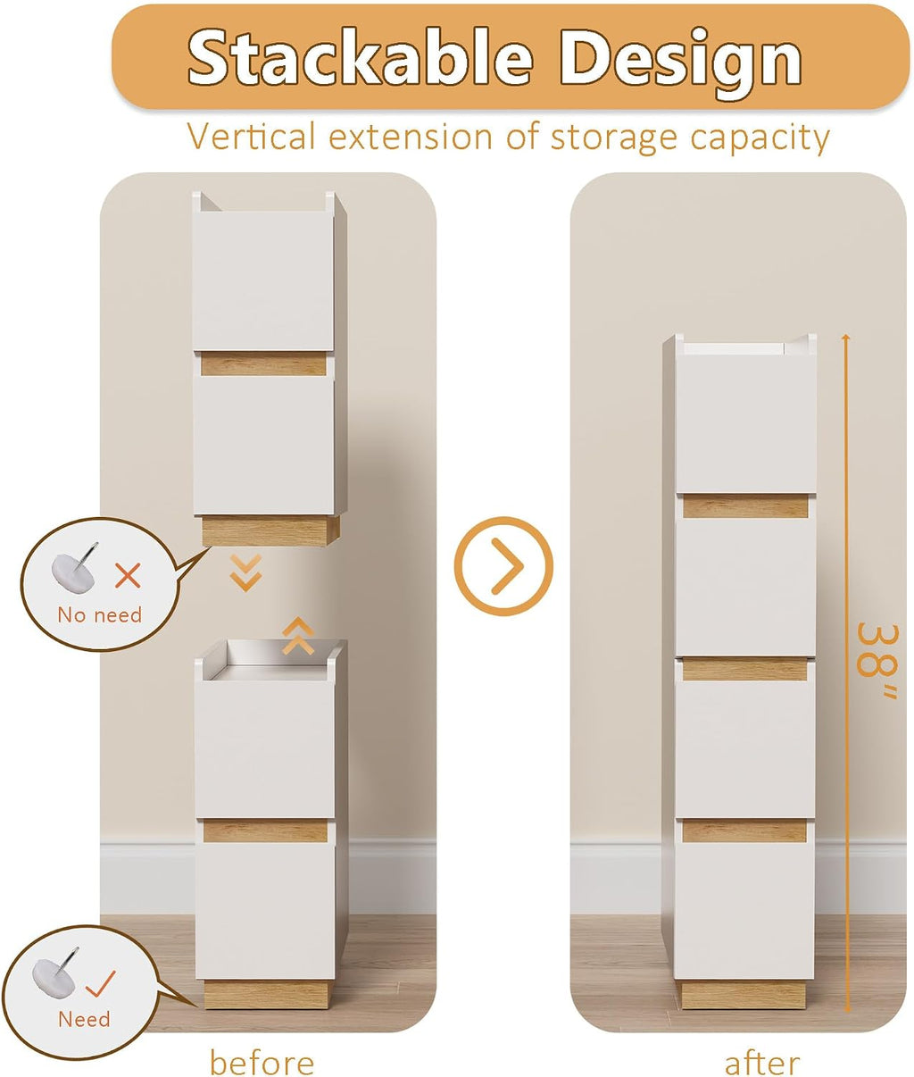 Narrow Night Stands, Modern Slim Nightstand Set of 2, Wooden Skinny Bedside Table 2 Drawers, Stackable Narrow Side Table with Drawers for Small Spaces, Bedroom, Living Room, White