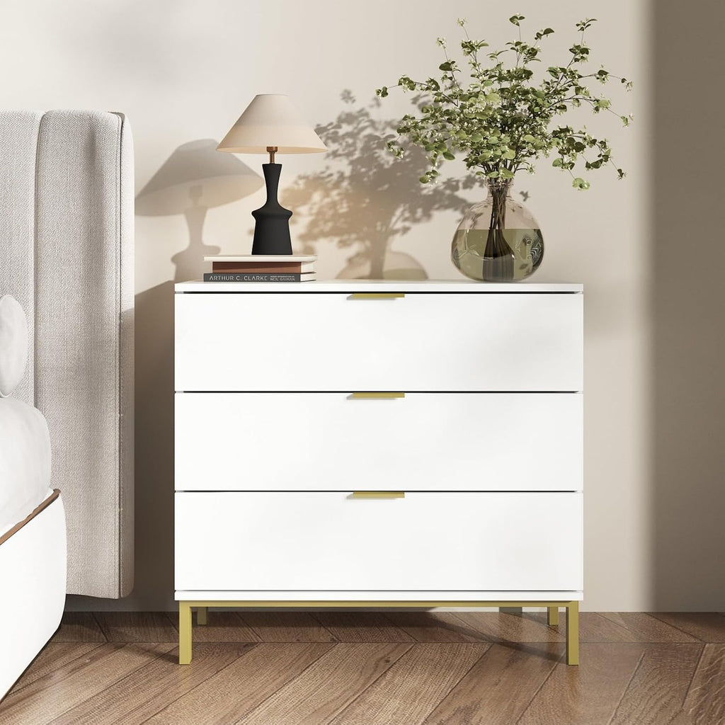 Large White Nightstand Modern End Table with 3 Drawers, Gold Metal Handles & Legs, Bed Side Table for Living Room, White and Gold, 31.5'W x 15.7'D x 29.5'H