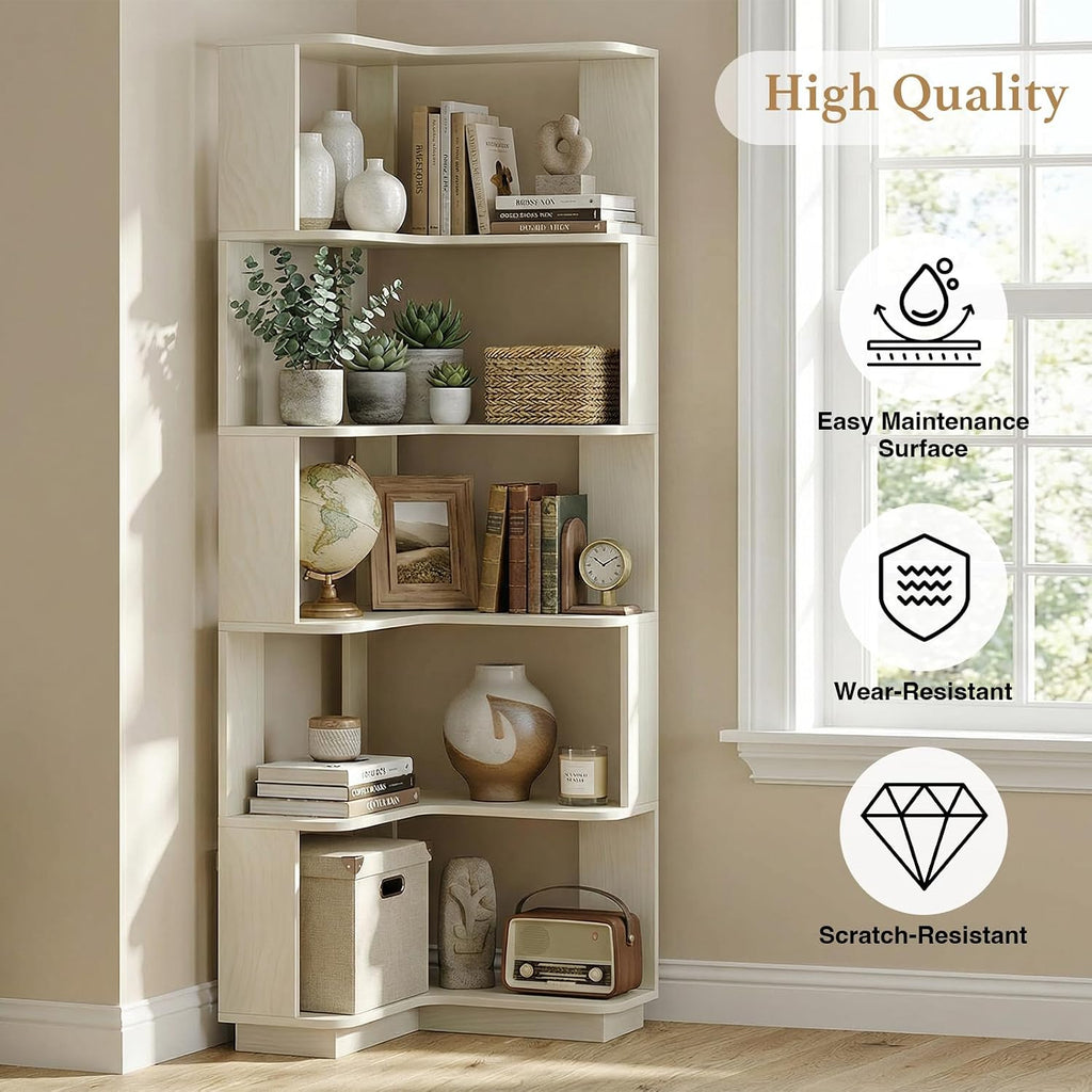 5 Tier Corner Bookshelf, Freestanding L-Shaped Wooden Bookcase with Open Shelves, Anti-Fall Panels and Anti-Tipping Device for Living Room, Bedroom, Home Office (White Oak)