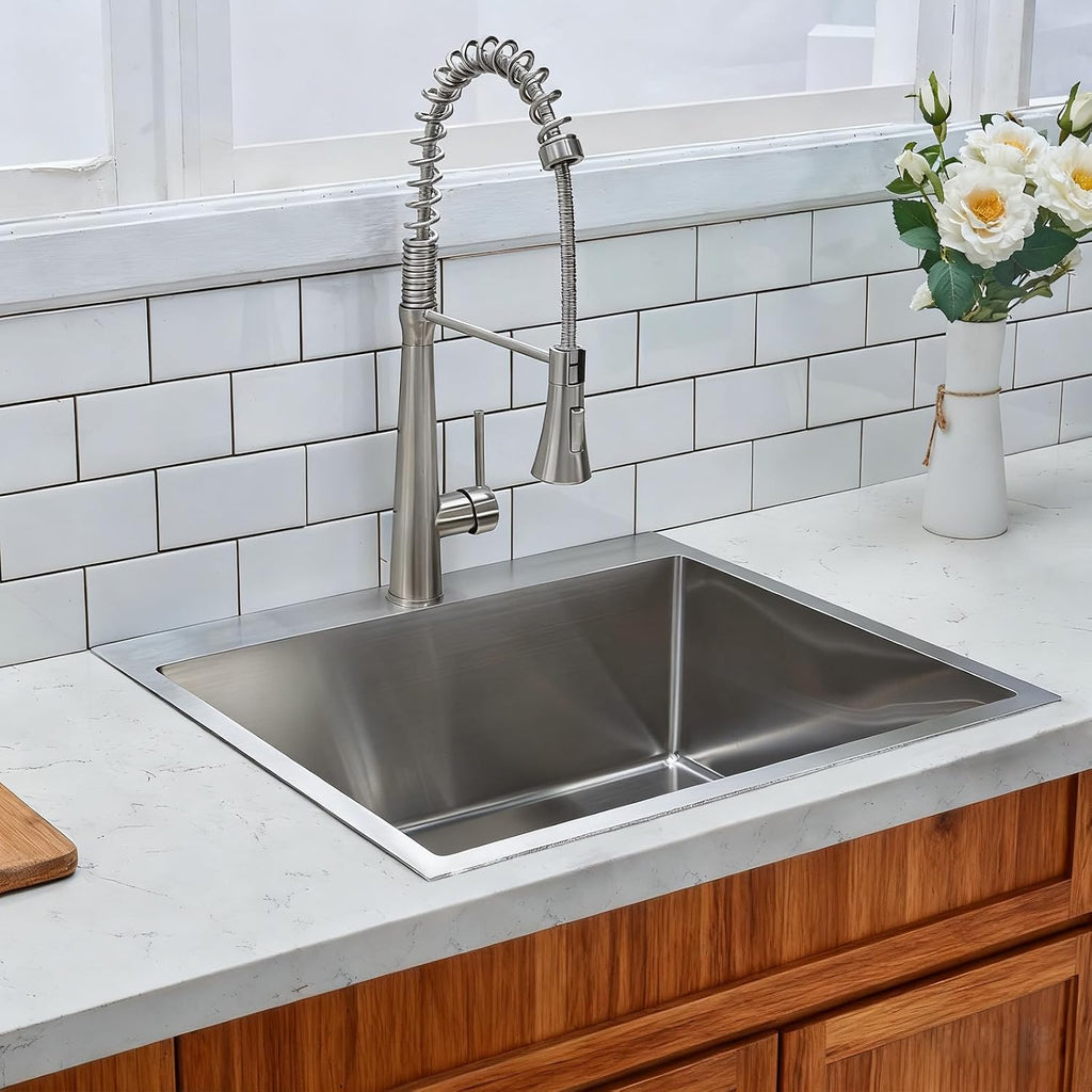 Friho 25x22 Drop in Kitchen Sink, Brushed Nickel Topmount Kitchen Sinks, SUS304 Commercial Handmade 16 Gauge Single Bowl Stainless Steel Sink with Basket Strainer