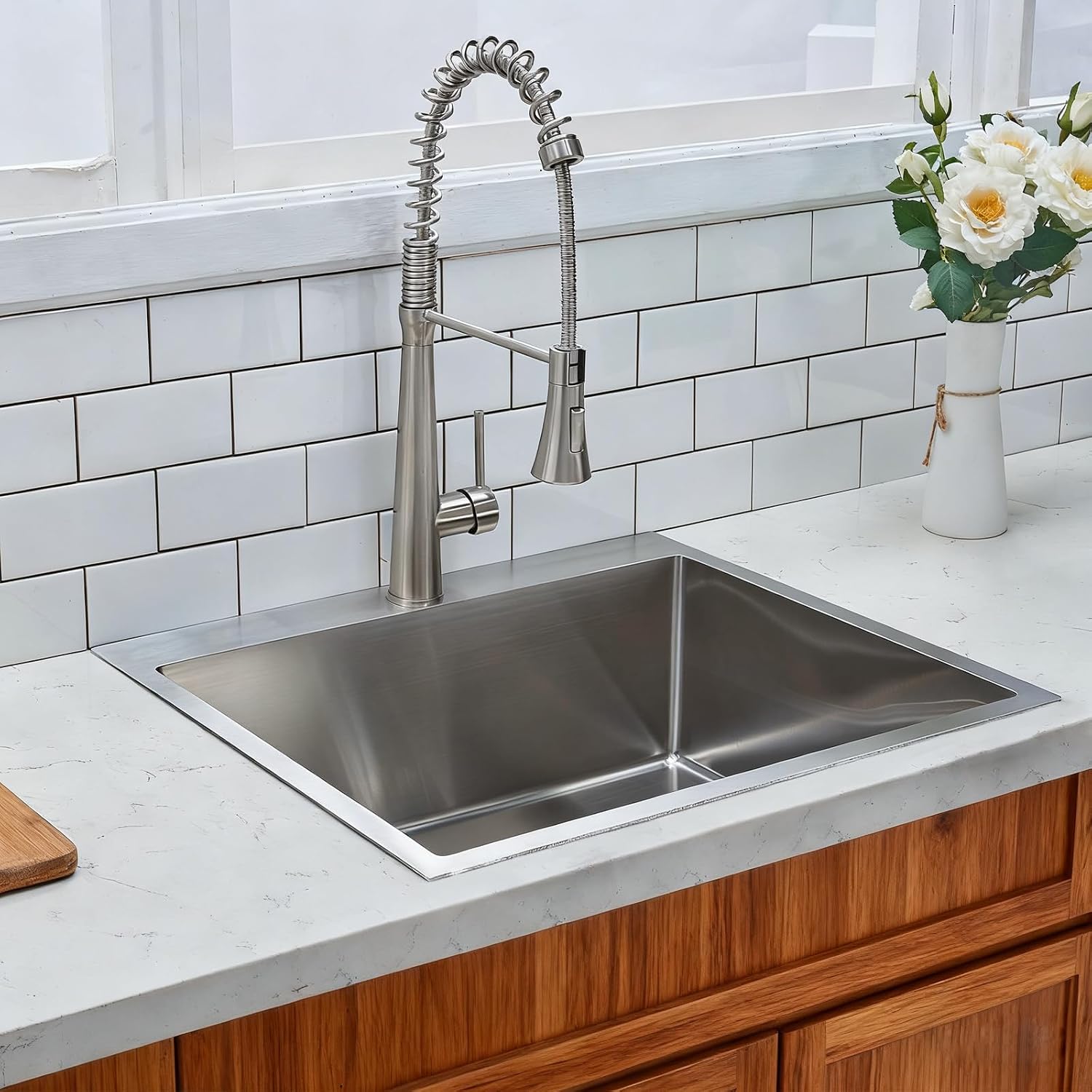 Friho 25x22 Drop in Kitchen Sink, Brushed Nickel Topmount Kitchen Sinks, SUS304 Commercial Handmade 16 Gauge Single Bowl Stainless Steel Sink with Basket Strainer
