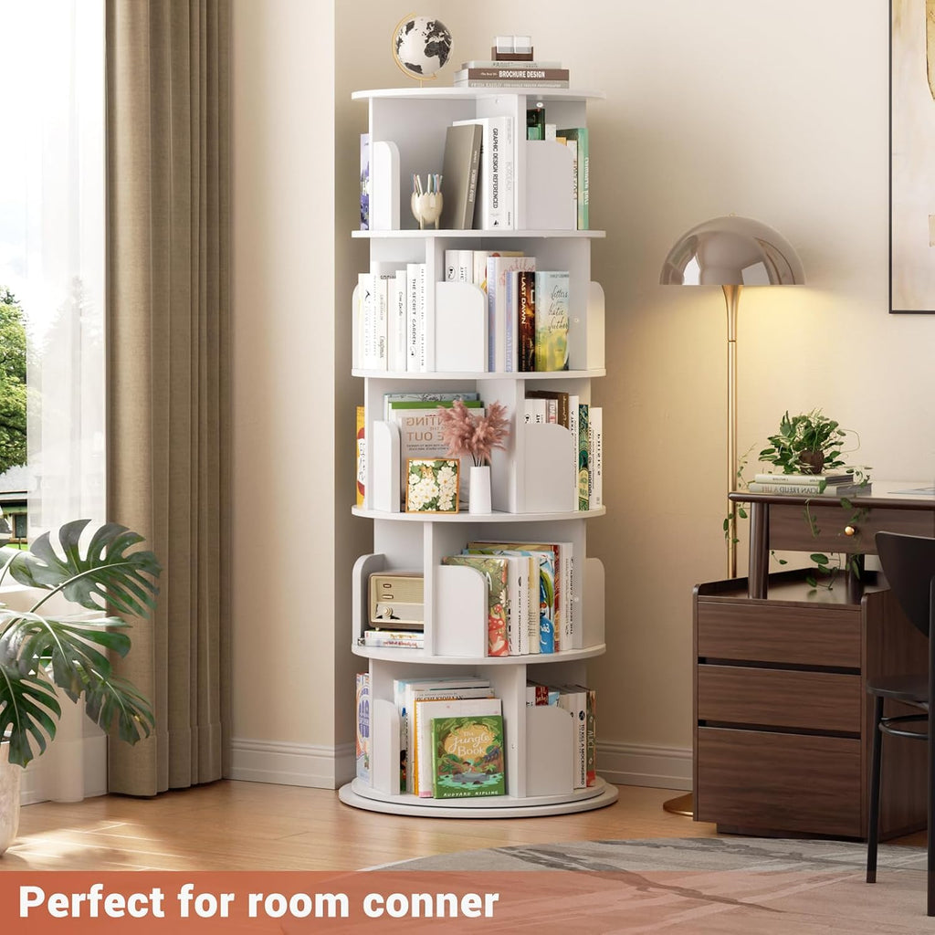 Besiost Rotating Bookshelf Tower, 5 Tier Spinning Bookcase, Revolving 360 Book Shelf Narrow Tall Bookcase, Vertical Turning Round Bookshelf Organizer, Wood Corner Book Shelf for Small Space, White