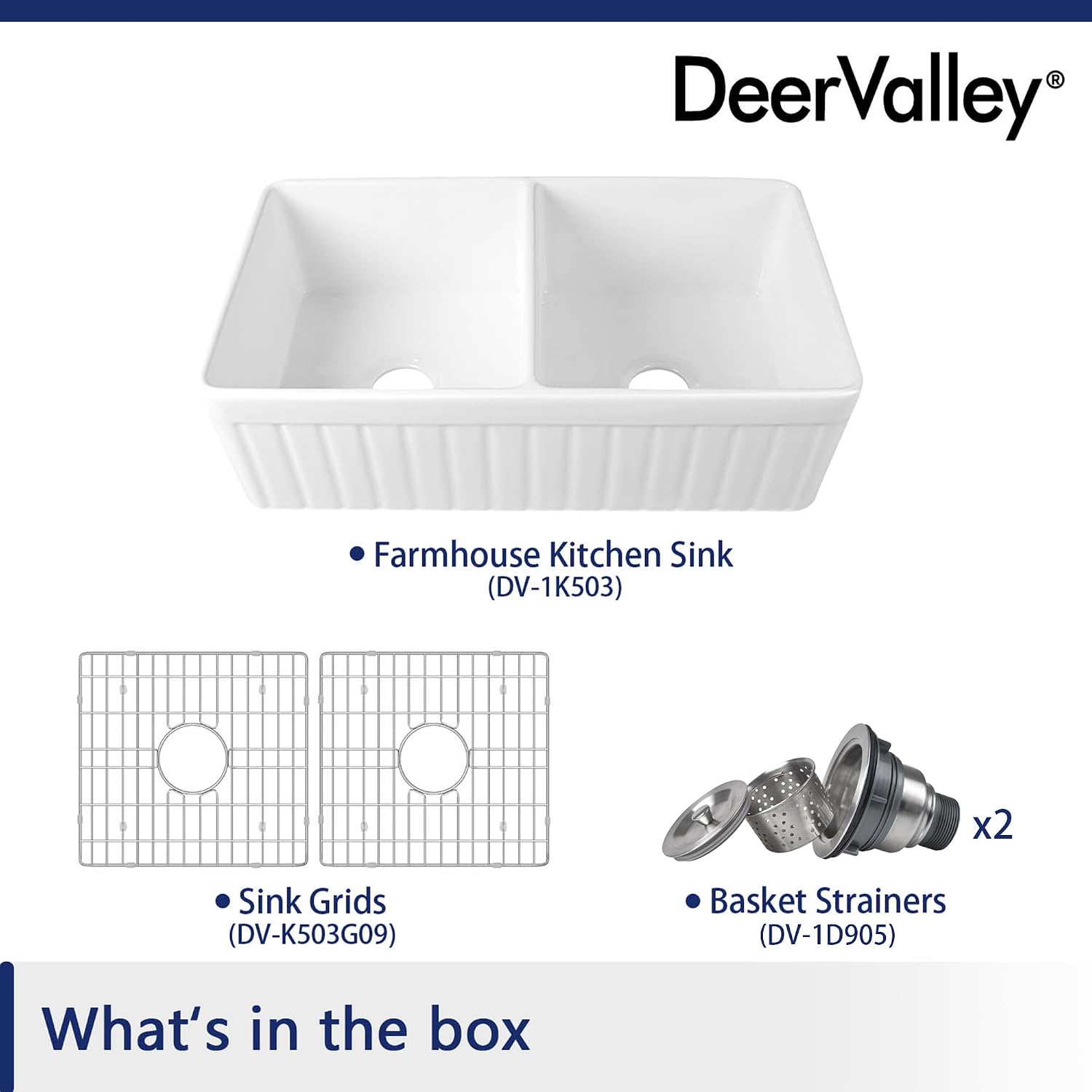 DeerValley Double Bowl Farmhouse Kitchen Sink 33 Inch, Fireclay Farm Sinks, Reversible Apron Front Deep Drop In Kitchen Sinks with Bottom Grid and Strainer