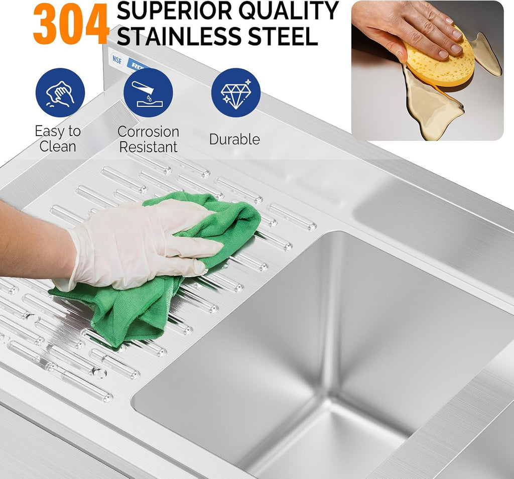 ROVSUN NSF 3 Compartments Bar Sink, Commercial Stainless Steel Underbar Sink with Double Drainboard, Freestaning Large for Kitchen, Bar, Laundry, Garage Use, 60 L x 33 W x 18.4 H