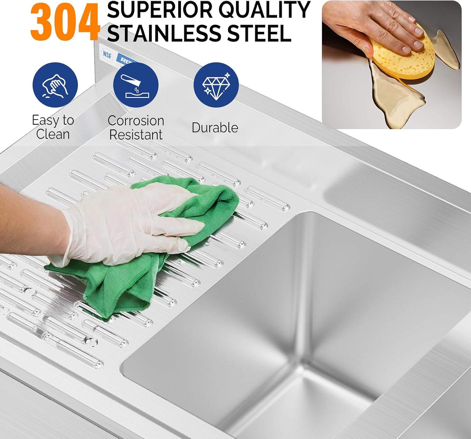 ROVSUN NSF 3 Compartments Bar Sink, Commercial Stainless Steel Underbar Sink with Double Drainboard, Freestaning Large for Kitchen, Bar, Laundry, Garage Use, 60 L x 33 W x 18.4 H