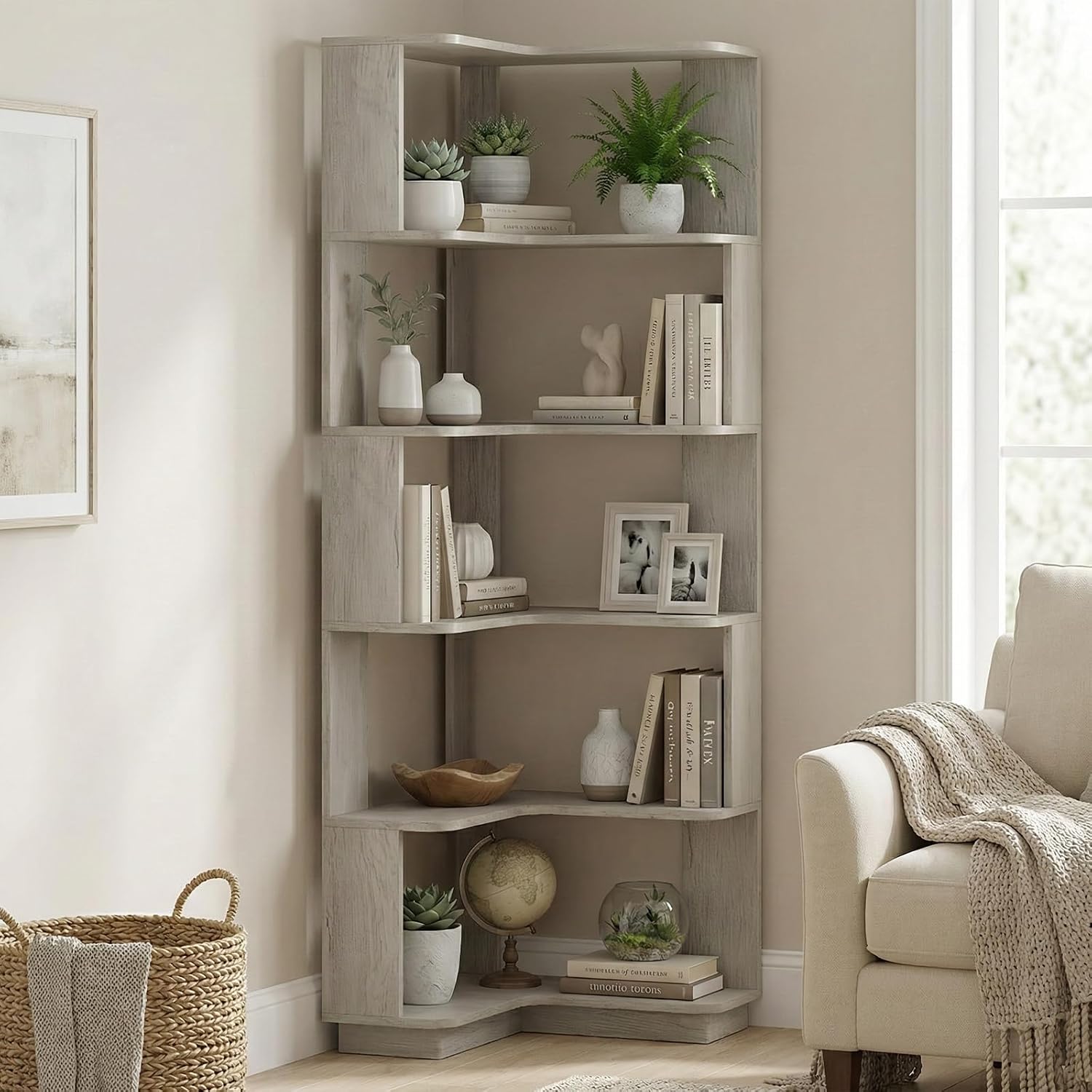 5 Tier Corner Bookshelf, Freestanding L-Shaped Wooden Bookcase with Open Shelves, Anti-Fall Panels and Anti-Tipping Device for Living Room, Bedroom, Home Office (Light Gray)