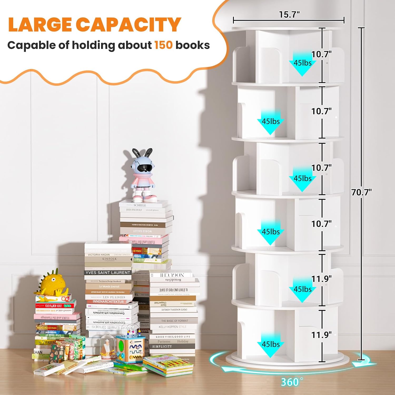 Besiost Rotating Bookshelf Tower, 6 Tier Spinning Bookcase, Revolving 360 Book Shelf Narrow Tall Bookcase, Vertical Turning Round Bookshelf Organizer, Wood Corner Bookshelf for Small Space, White