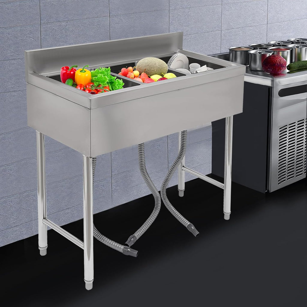 Stainless Steel Utility Sink, Triple Bowl Freestanding Commercial Kitchen Sink with Hot & Cold Faucet, 3 Compartment Utility Sink for Restaurant Garage Laundry, L38*W18.5*H37in