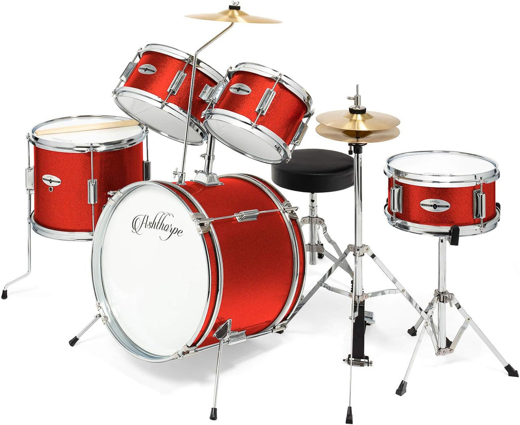 Ashthorpe 5-Piece Complete Junior Drum Set with Genuine Brass Cymbals - Advanced Beginner Kit with 16' Bass, Adjustable Throne, Cymbals, Hi-Hats, Pedals & Drumsticks - Red