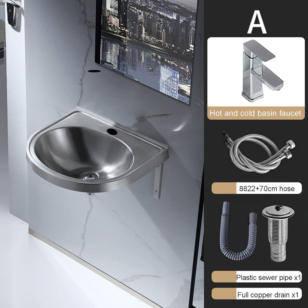 Single Bowl Stainless Steel, Kitchen Sink, Wall-Mounted Wash Basin Kitchen Sink, Easy to Install(with Faucet and Inlet Pipe) (Color : Silver, Size : B) (Silver A)