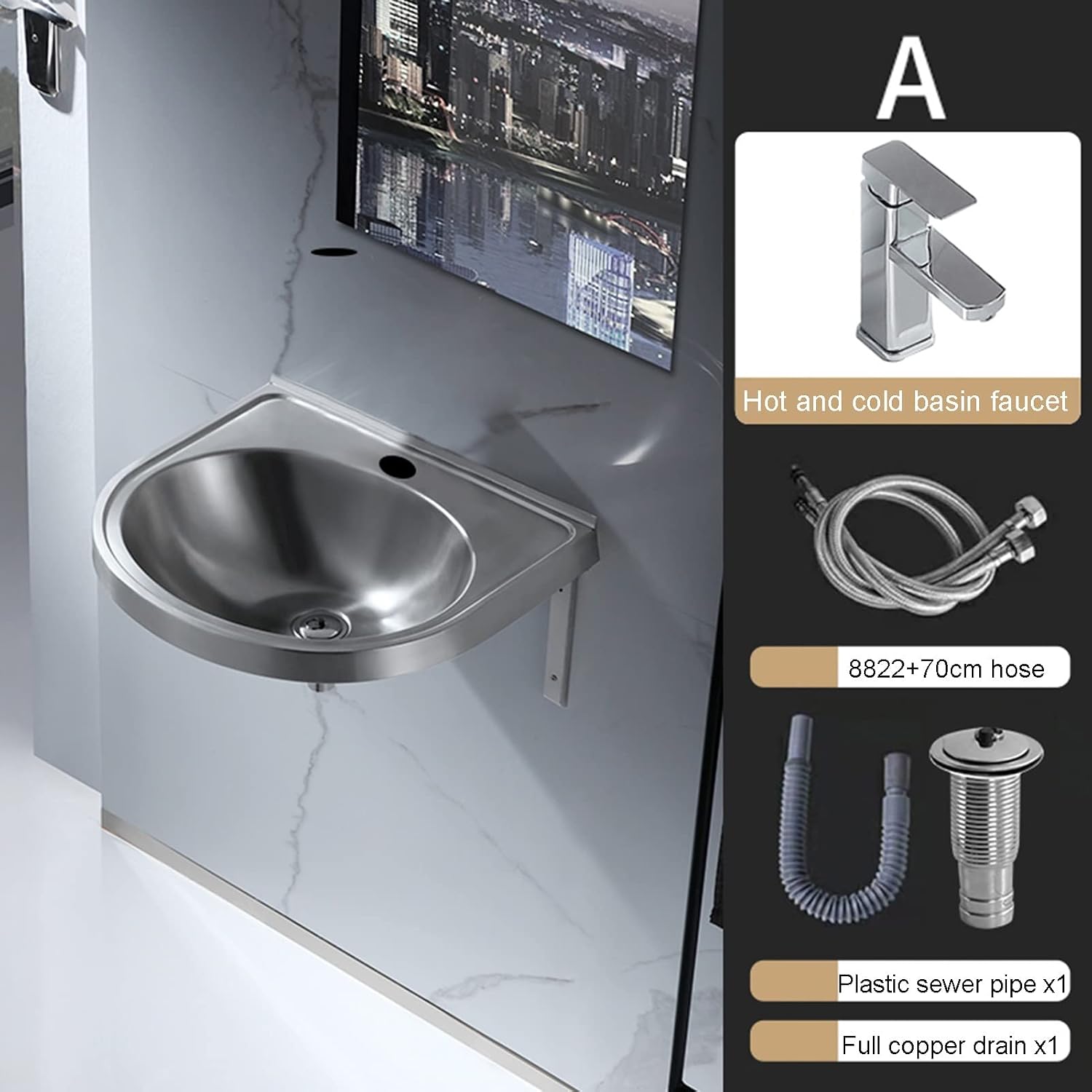 Single Bowl Stainless Steel, Kitchen Sink, Wall-Mounted Wash Basin Kitchen Sink, Easy to Install(with Faucet and Inlet Pipe) (Color : Silver, Size : B) (Silver A)