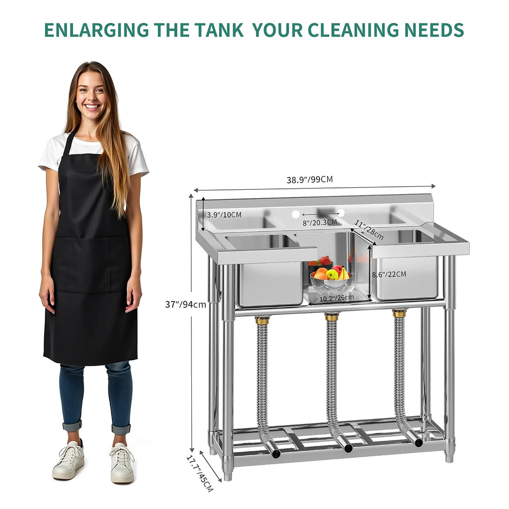 YITAHOME Freestanding Commercial 3 Bay Kitchen Under bar Sink NSF Stainless Steel 3 Compartment Bowl Outdoor Sink with Storage Shelve, Backsplash for Restaurant, Food Truck & Home (39'x 18'x 37')