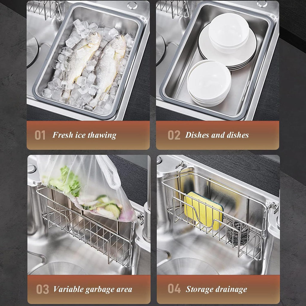304 Stainless Steel Single Bowl Kitchen Sinks, Rectangular Handmade Large Kitchen Sink with Faucet Combo and Hanging Basket, 3 Holes Available, Silver,68 * (
