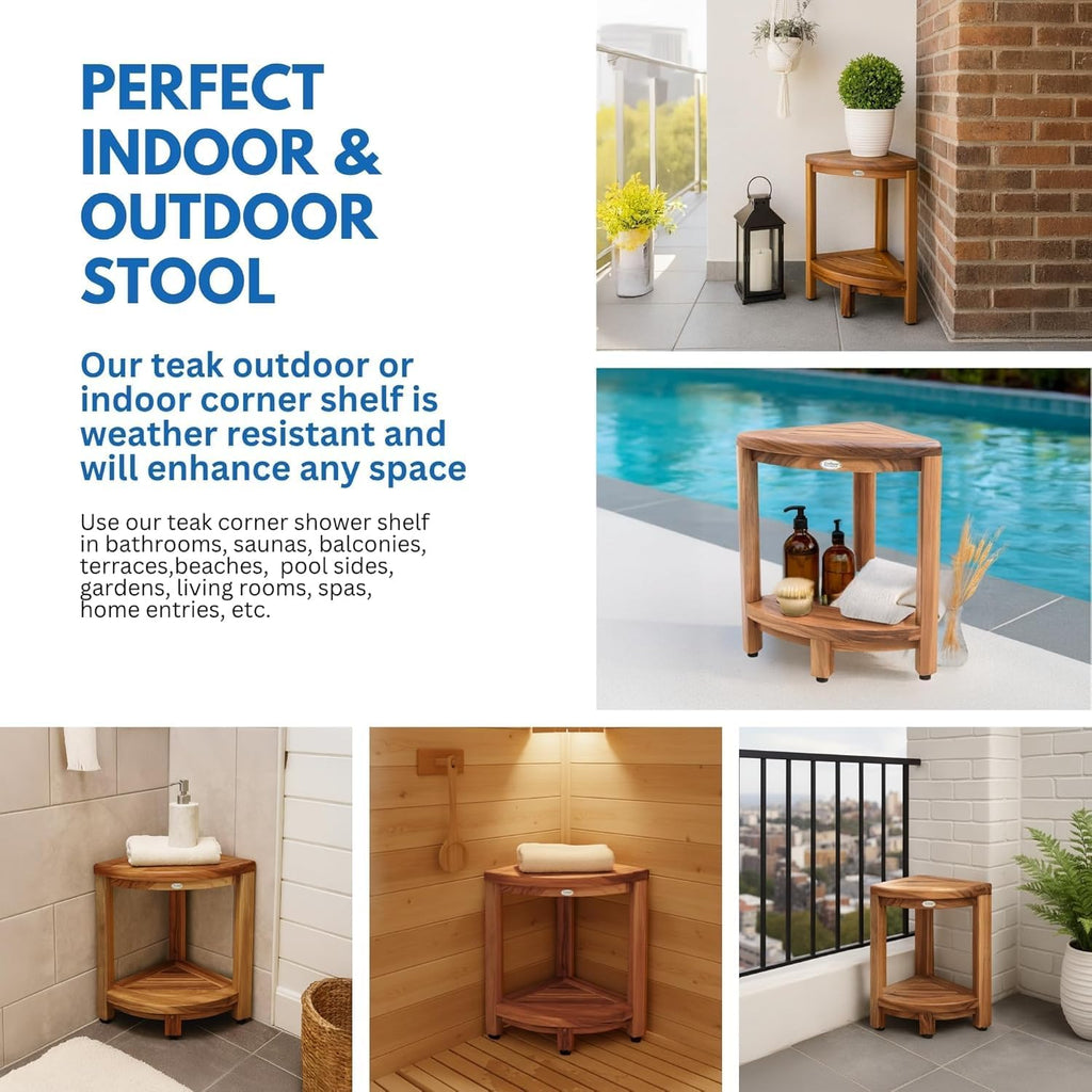 EcoDecors Fully Assembled SnazzyCorner® 18' Teak Shower Bench, Corner Shower Stool, w Shelf in Earthy Teak Finish, Compact Fit for Small Bathrooms & Walk-in Showers – Slip-Resistant Feet, Sauna Bench