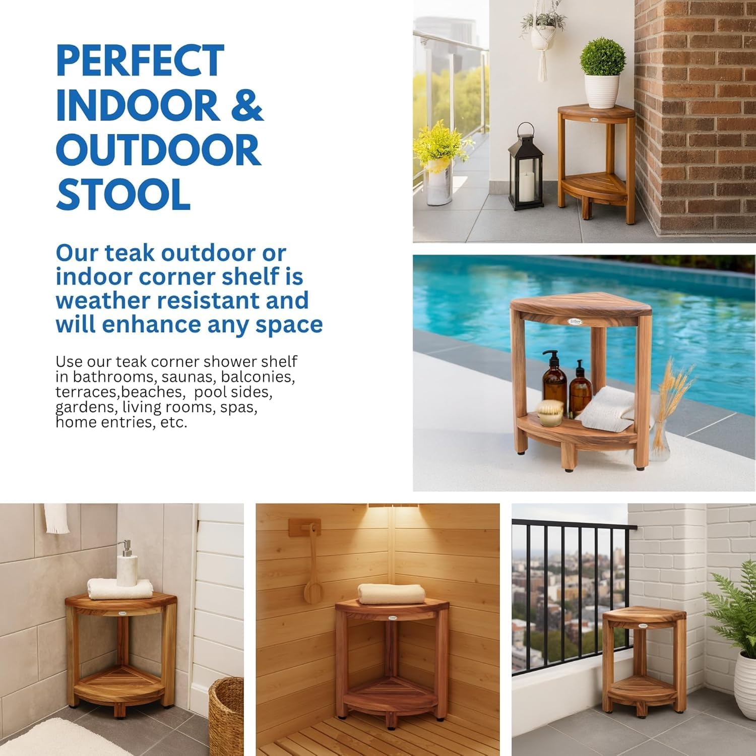 EcoDecors Fully Assembled SnazzyCorner® 18' Teak Shower Bench, Corner Shower Stool, w Shelf in Earthy Teak Finish, Compact Fit for Small Bathrooms & Walk-in Showers – Slip-Resistant Feet, Sauna Bench