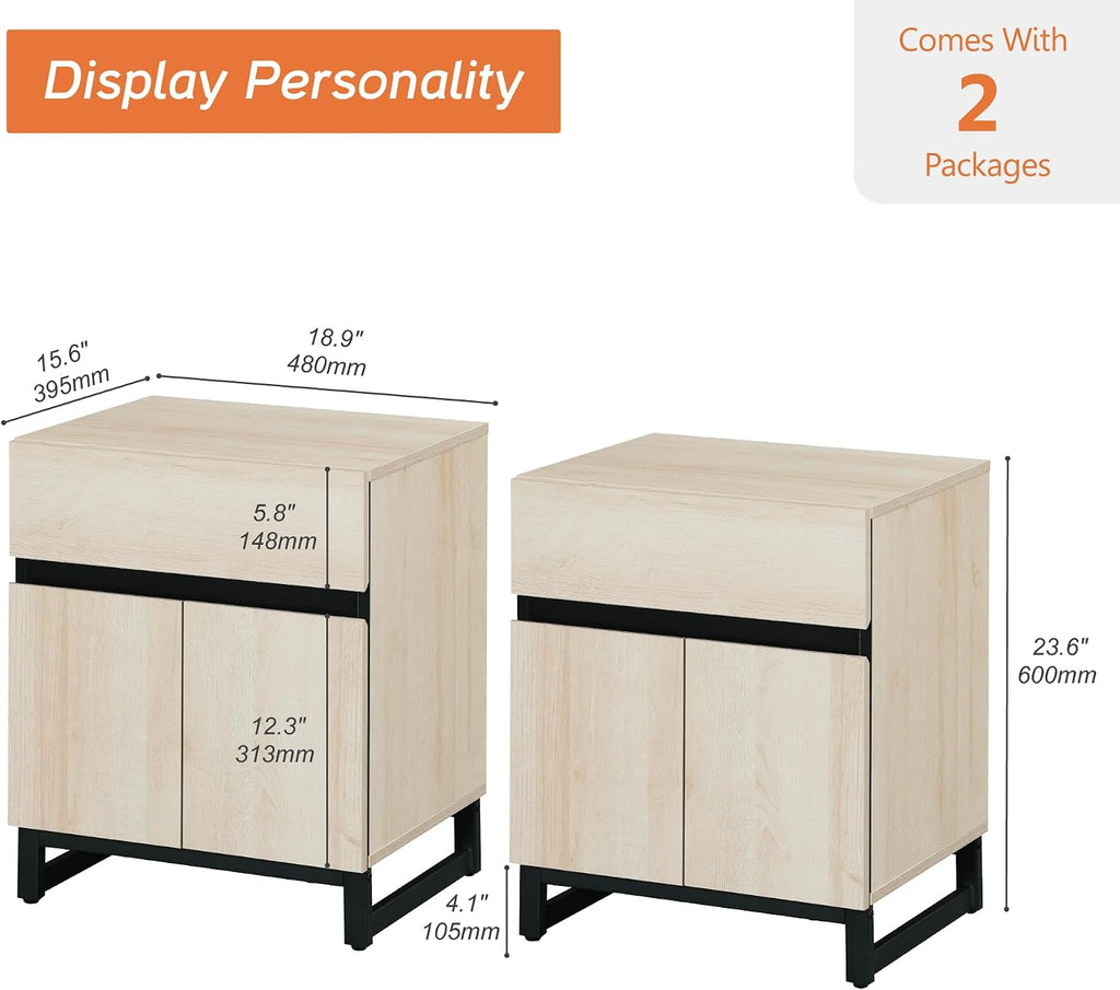 WAMPAT 2 Piece Modern End Table with 1 Drawer & 1 Storage Cabinet, Farmhouse Sofa Table, Wooden Rustic Side Sofa Table Metal Leg for Living Room, Nighstand for Bedroom, Light Oak