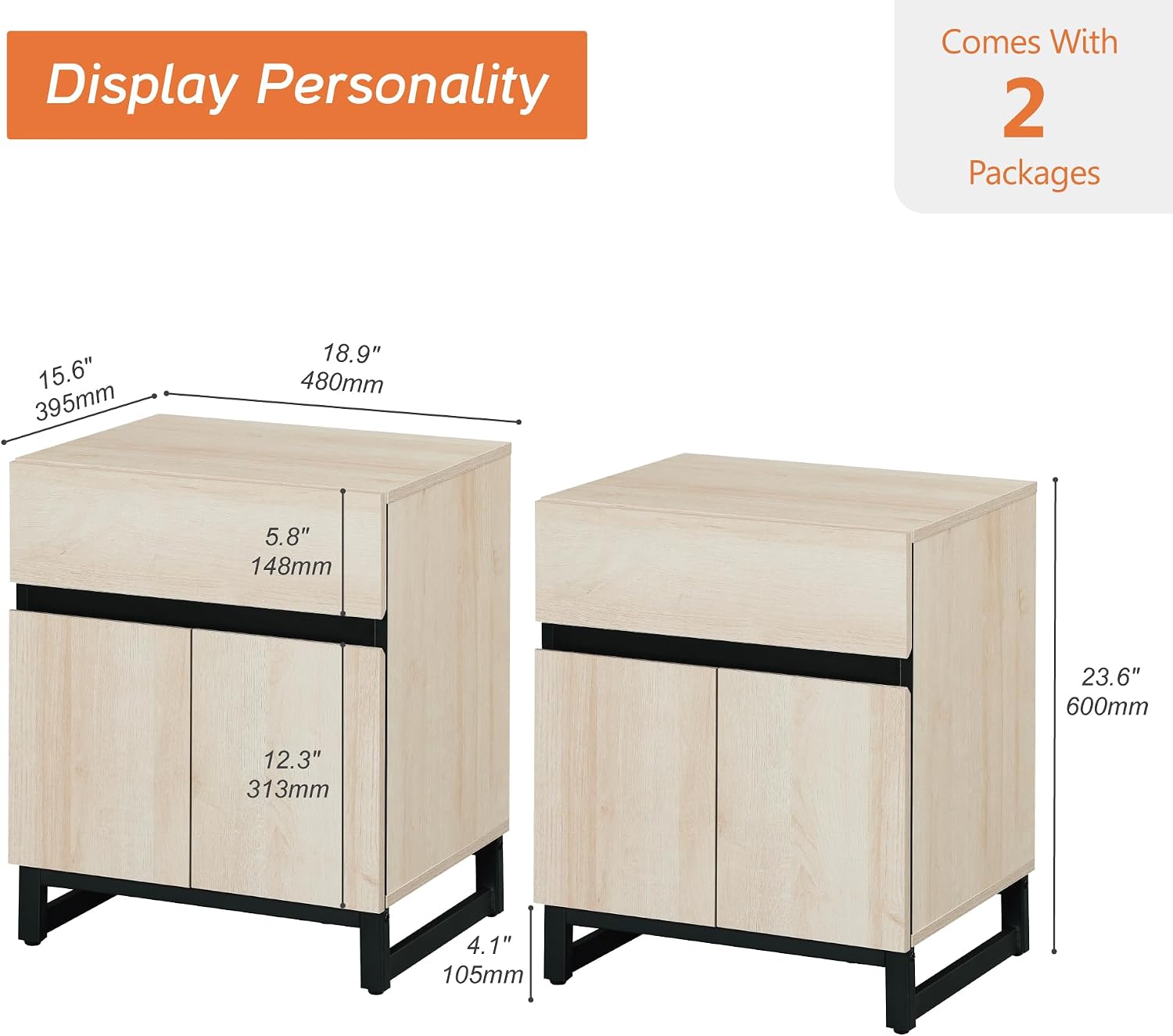 WAMPAT 2 Piece Modern End Table with 1 Drawer & 1 Storage Cabinet, Farmhouse Sofa Table, Wooden Rustic Side Sofa Table Metal Leg for Living Room, Nighstand for Bedroom, Light Oak