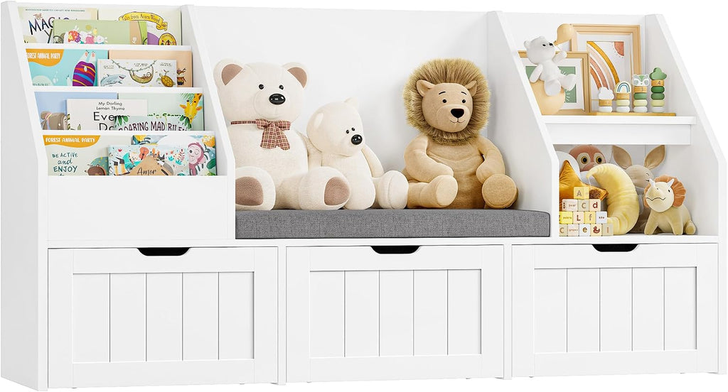 FOTOSOK 55.1'' Kids Bookshelf with Reading Nook, Toy Storage Organizer with Seat Cushion and 3 Movable Drawers, Kids Reading Nook Toy Organizers and Storage with Bench for Playroom, Bedroom, White
